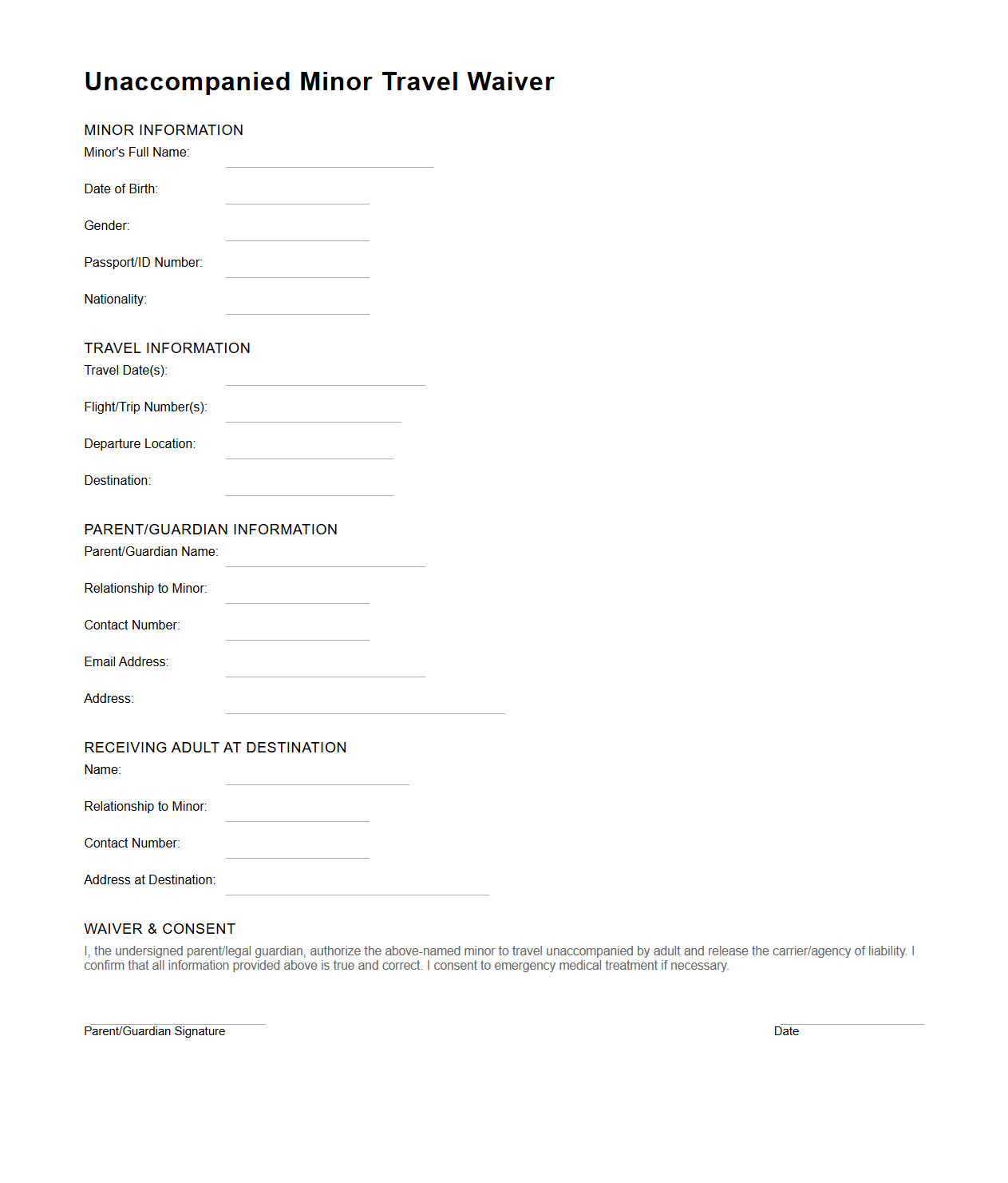 Blank Unaccompanied Minor Travel Waiver