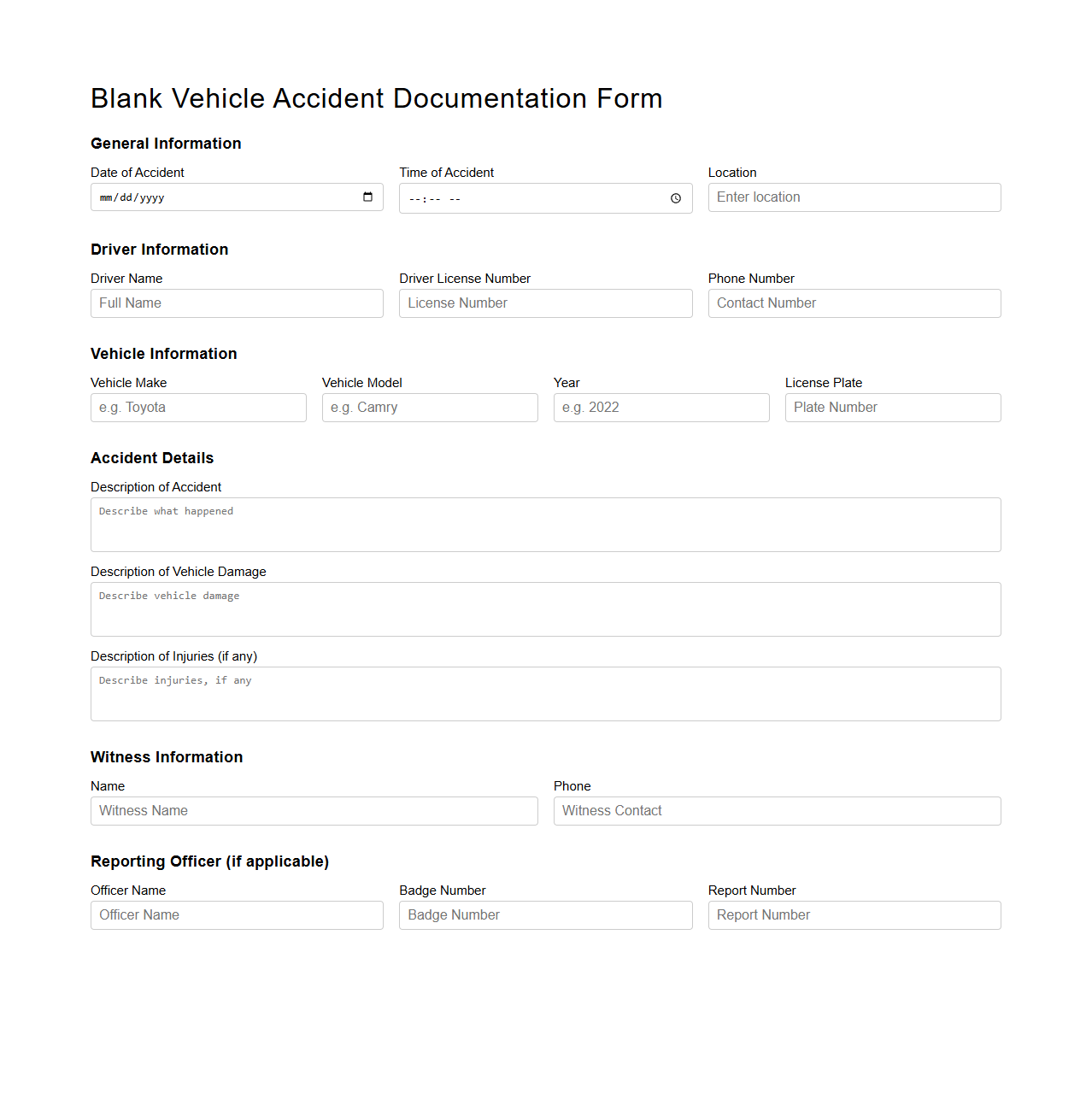 Blank Vehicle Accident Documentation Form
