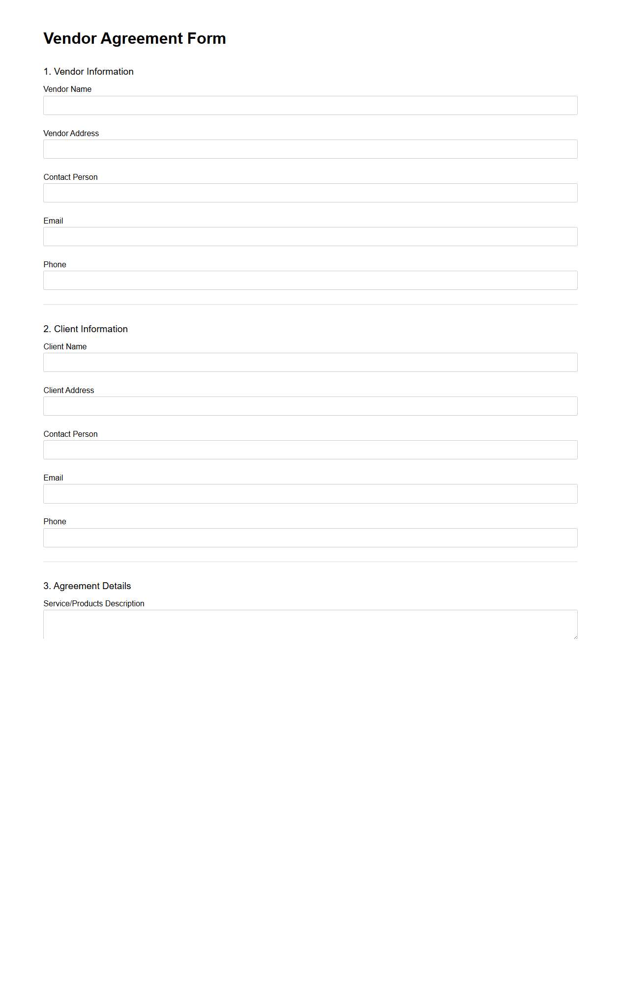 Blank Vendor Agreement Form Structure