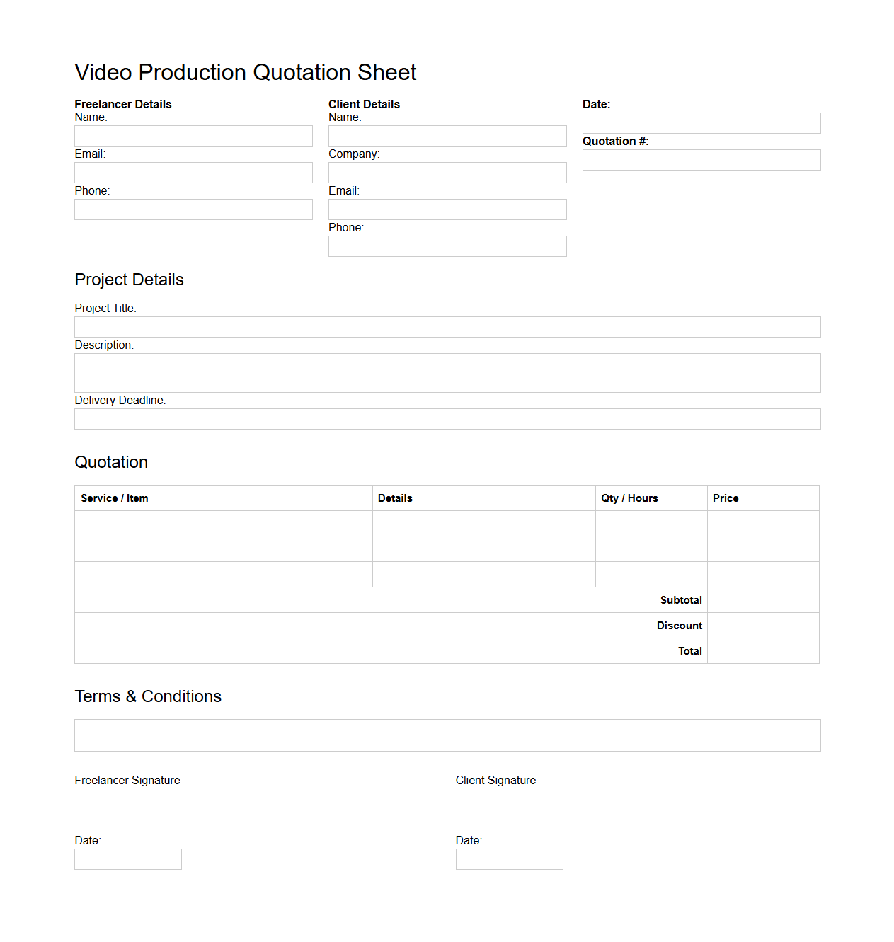Blank Video Production Freelance Quotation Sheet
