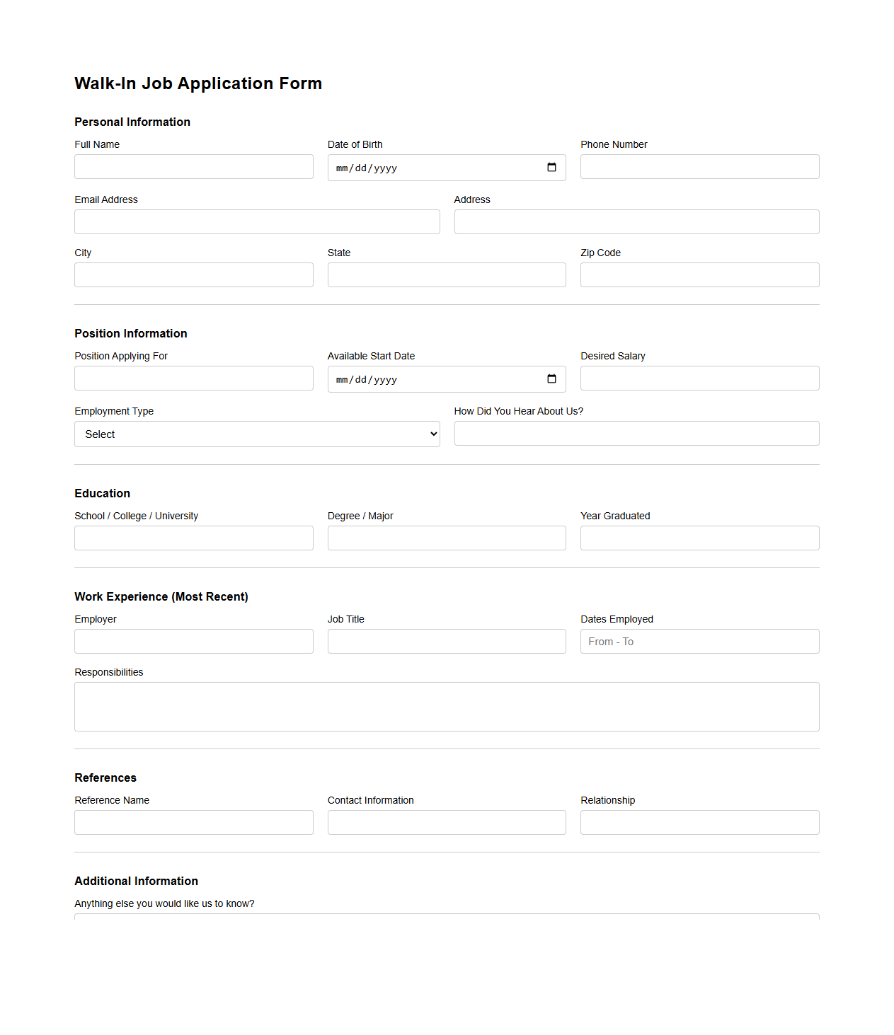 Blank Walk-In Job Application Form