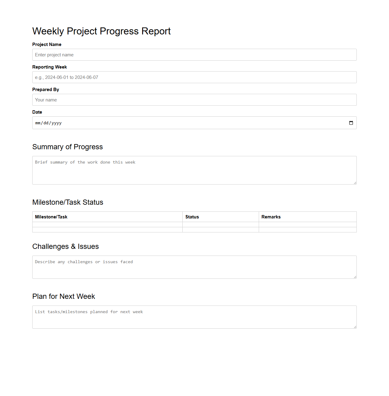 Blank Weekly Project Progress Report