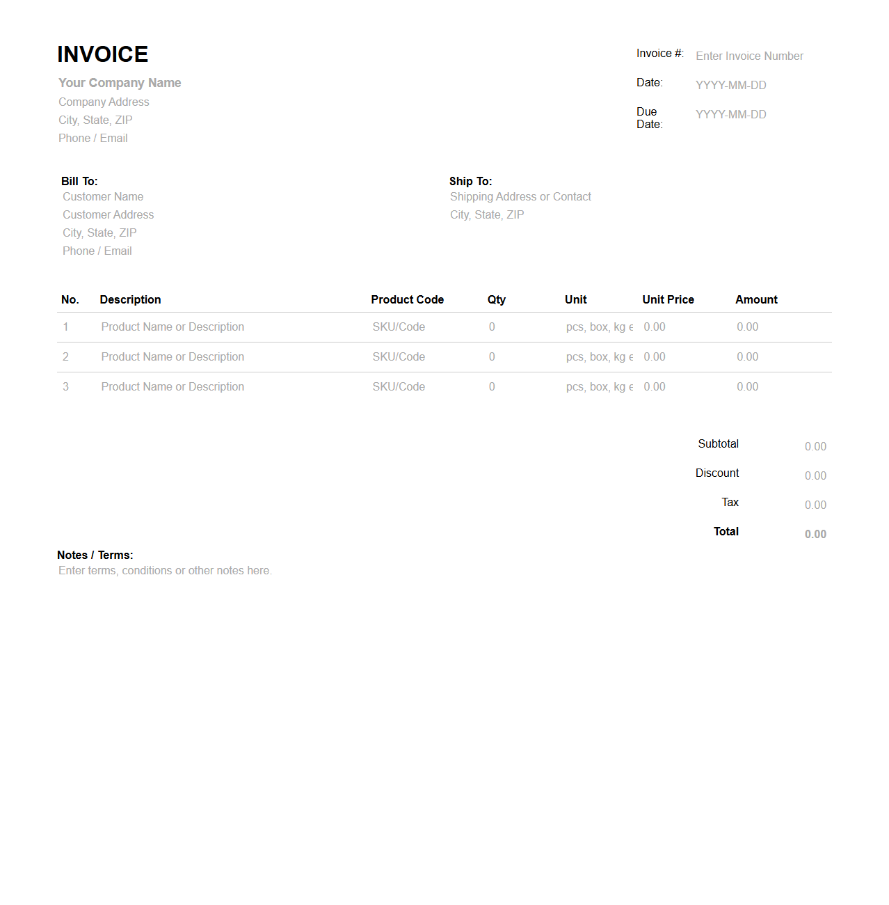 Blank Wholesale Invoice Format for Bulk Sales