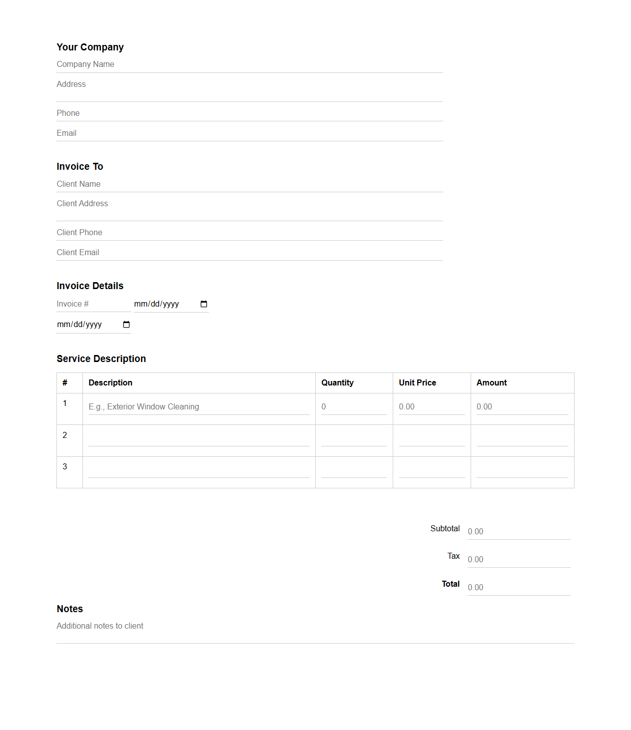 Blank Window Cleaning Invoice Template for Professional Services