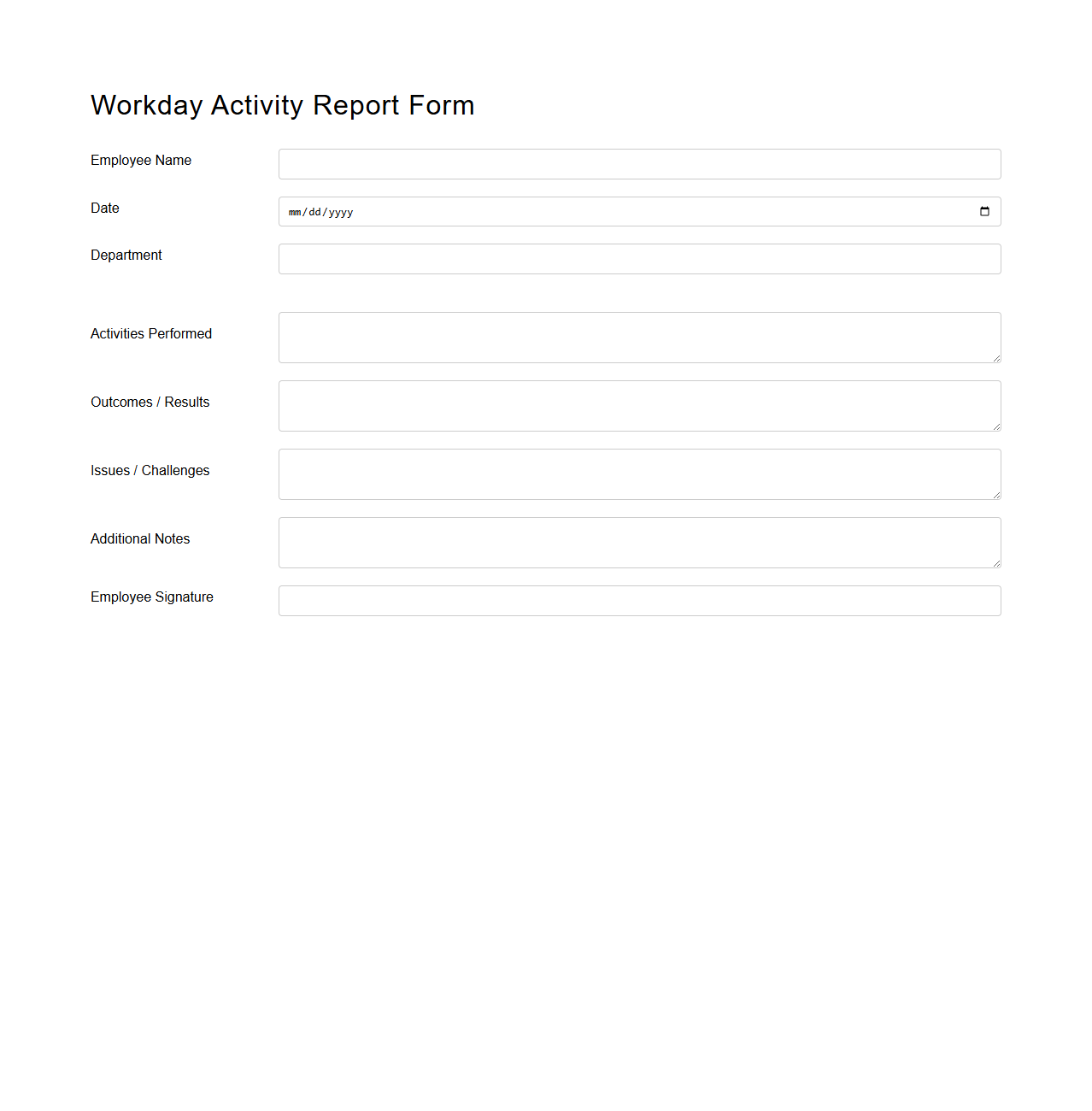 Blank Workday Activity Report Form