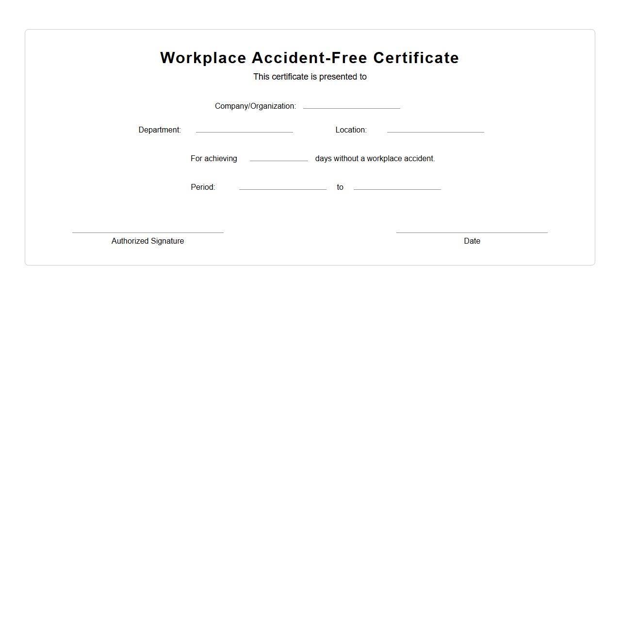 Blank Workplace Accident-Free Certificate Template