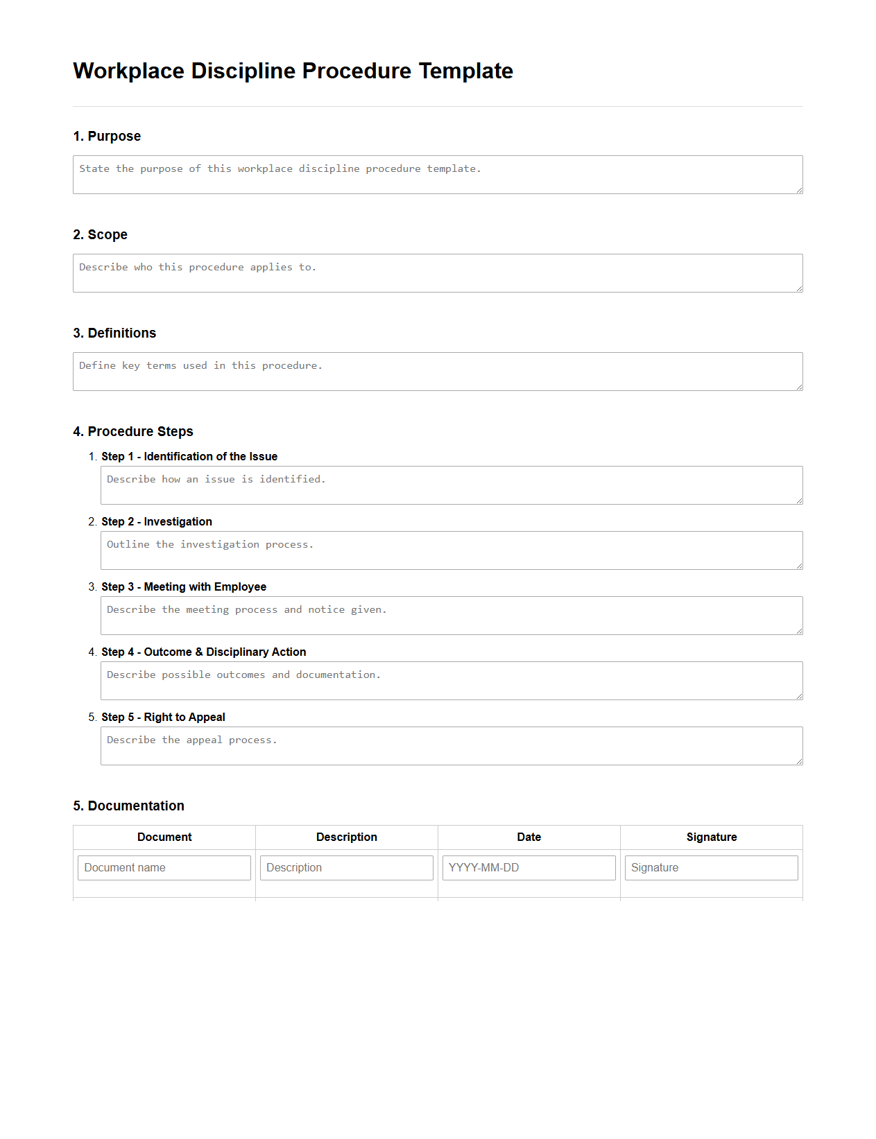 Blank Workplace Discipline Procedure Template