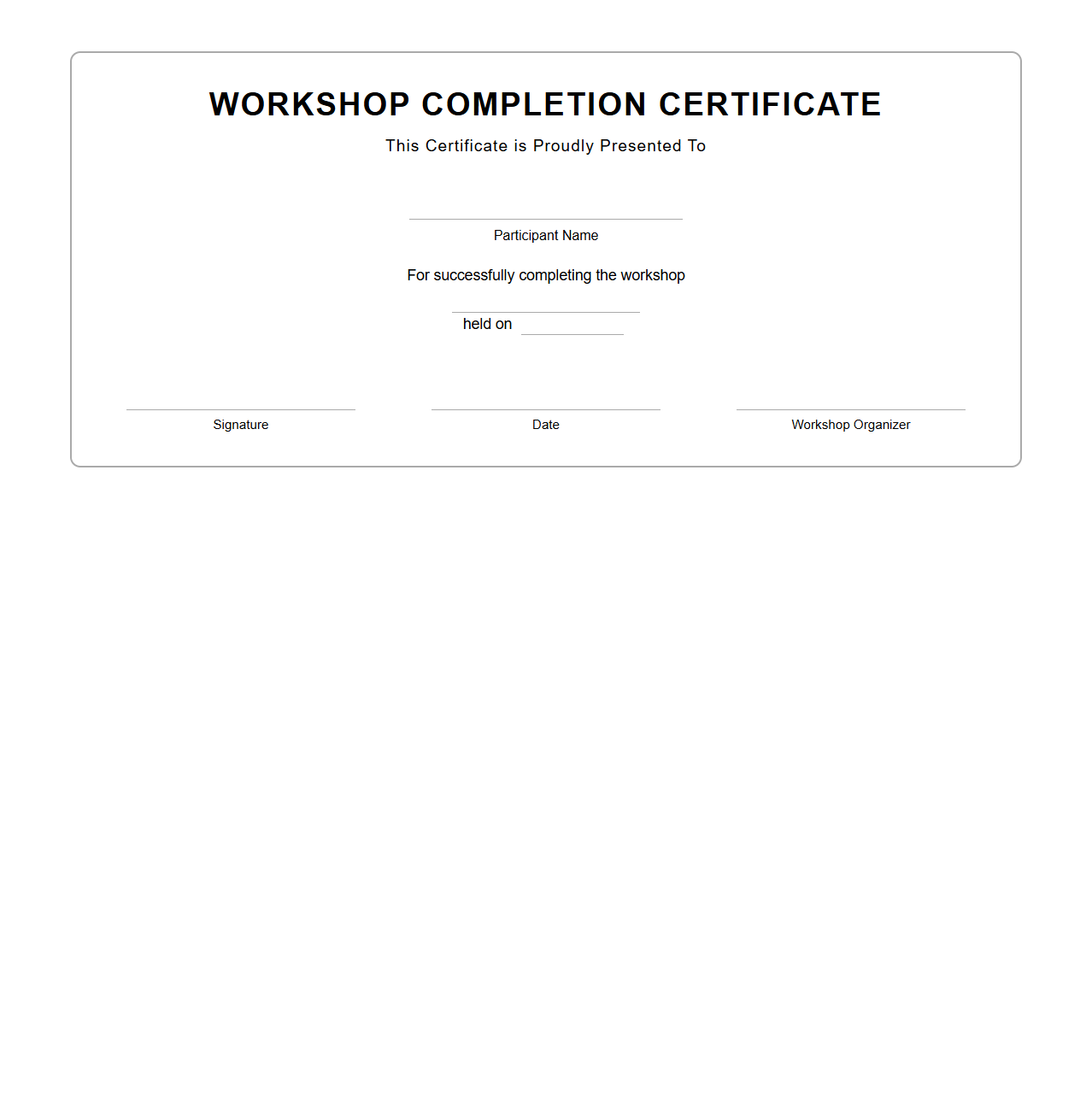 Blank Workshop Completion Certificate Template