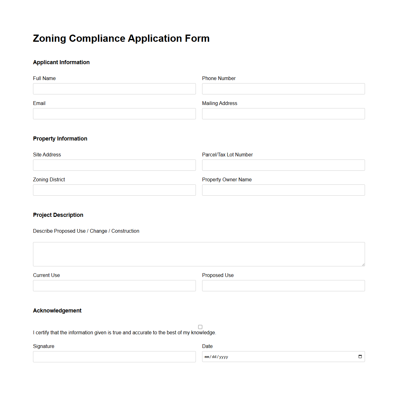 Blank Zoning Compliance Application Form