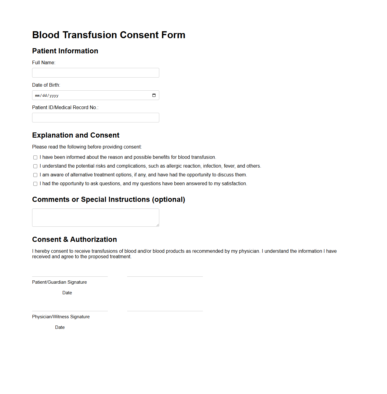Blood Transfusion Consent Form Template