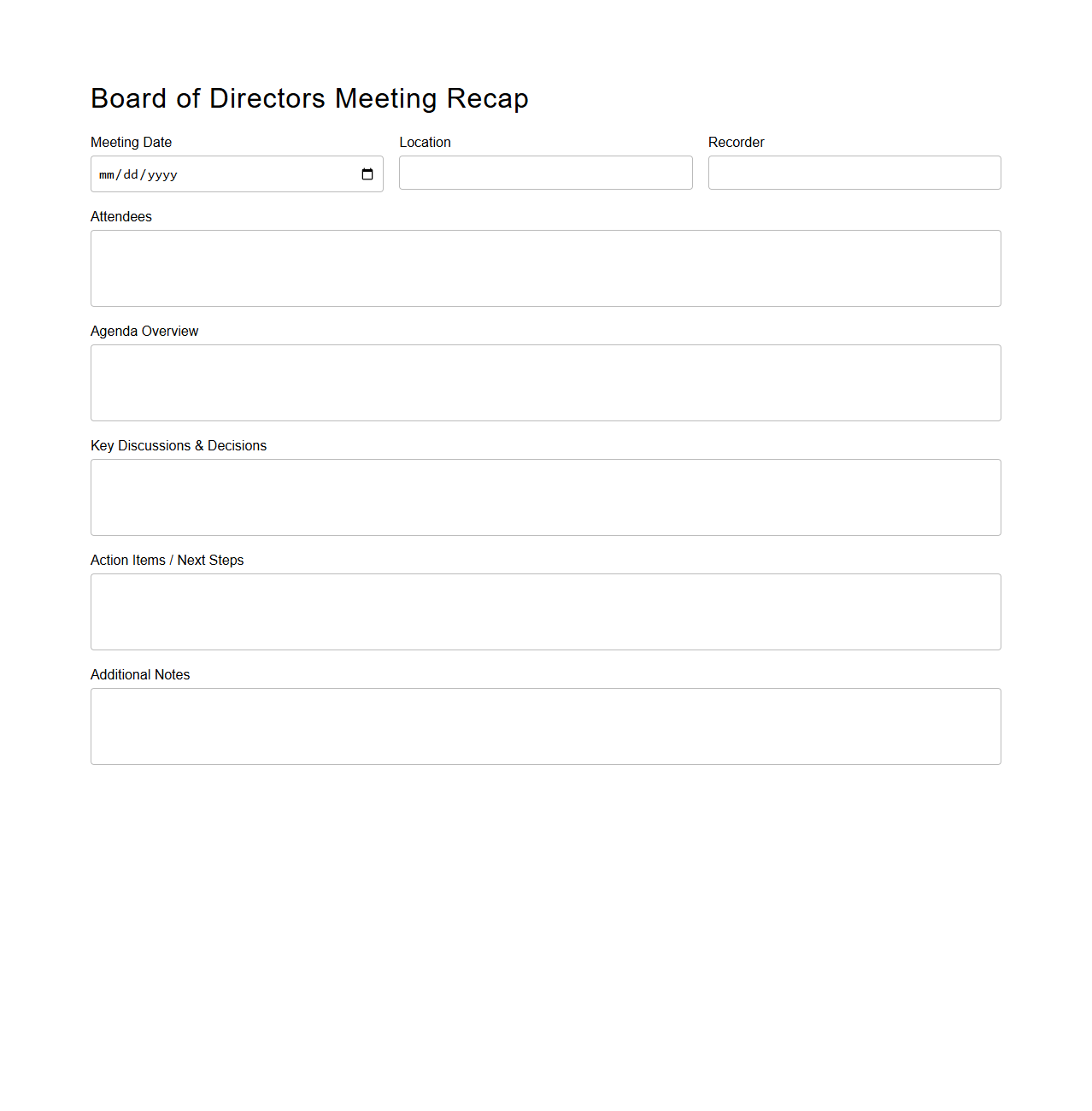 Board of Directors Meeting Recap Form