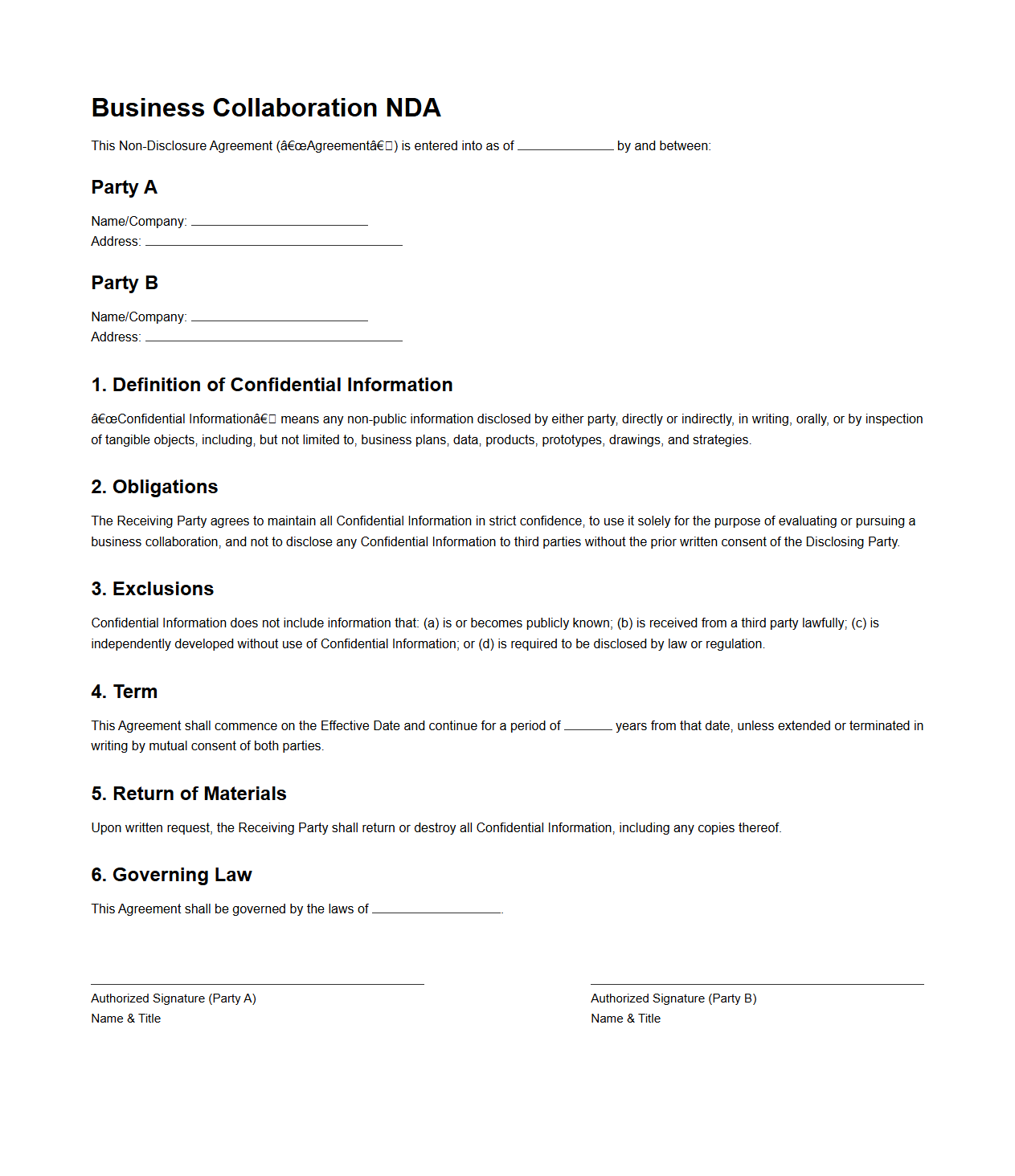 Business Collaboration NDA Layout