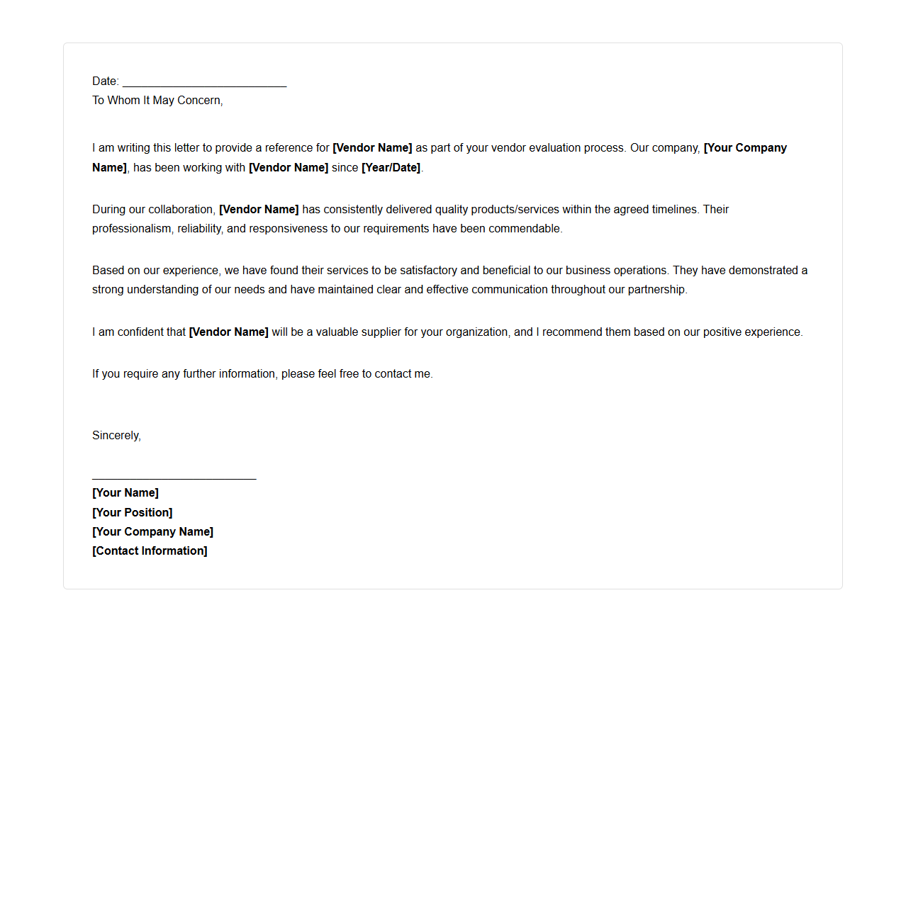 Business Reference Letter Template for Vendor Evaluation