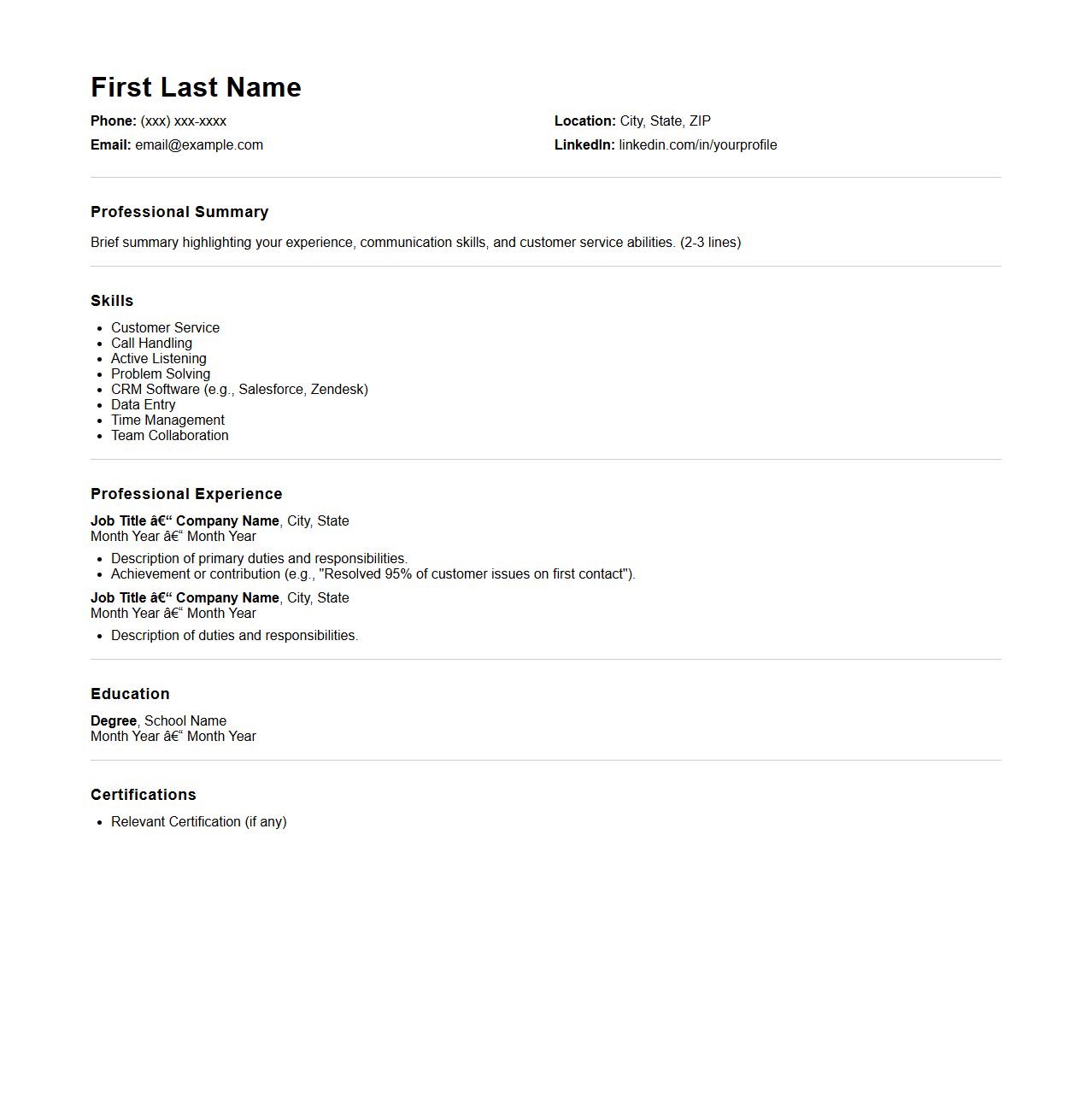 Call Center Agent Resume Outline