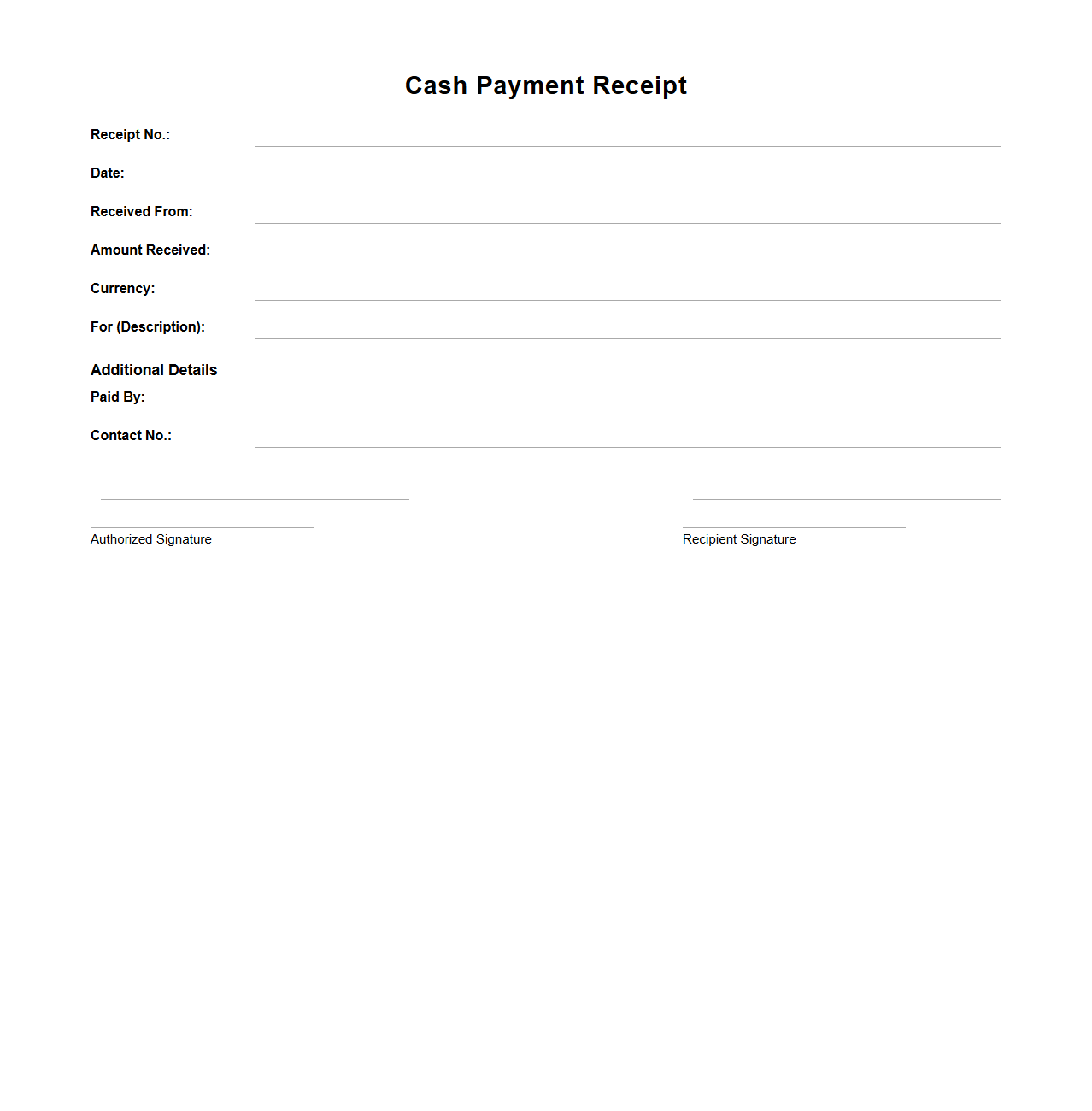 Cash Payment Receipt Template Blank Format