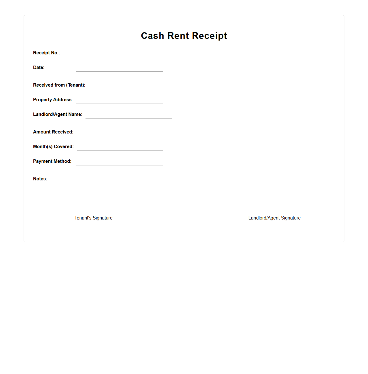 Cash Rent Receipt Document for Tenants