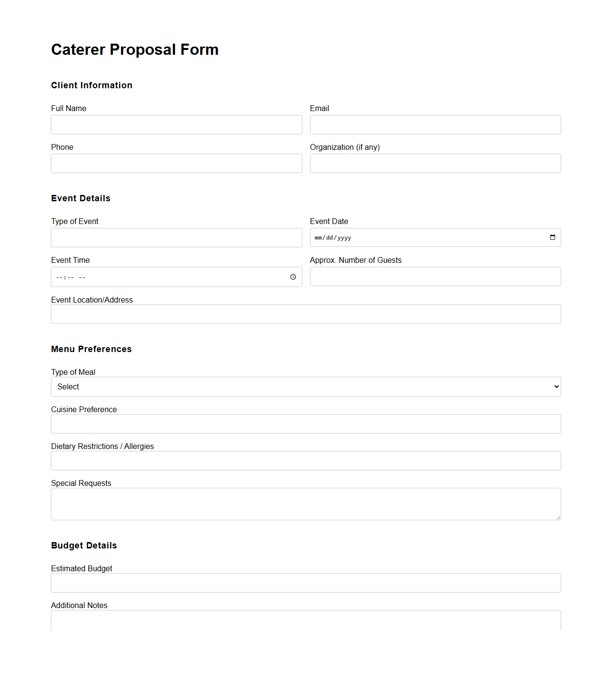 Caterer Proposal Form for Parties and Gatherings