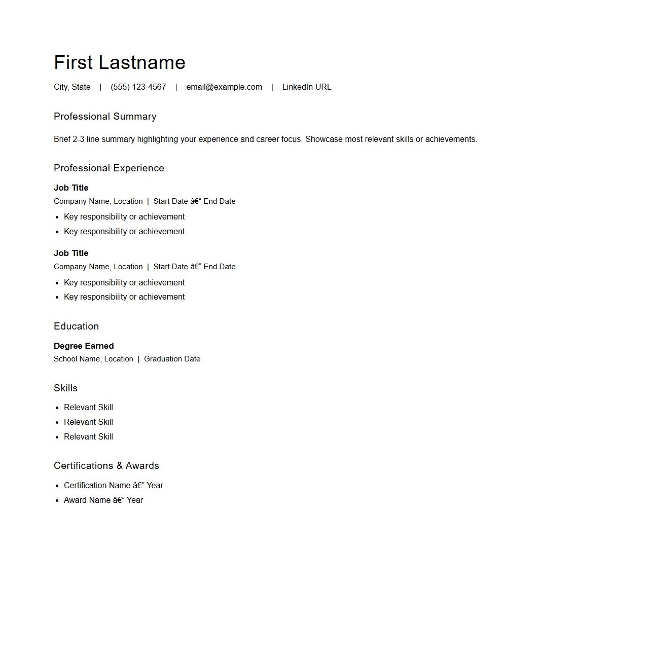 Classic Chronological Resume Structure