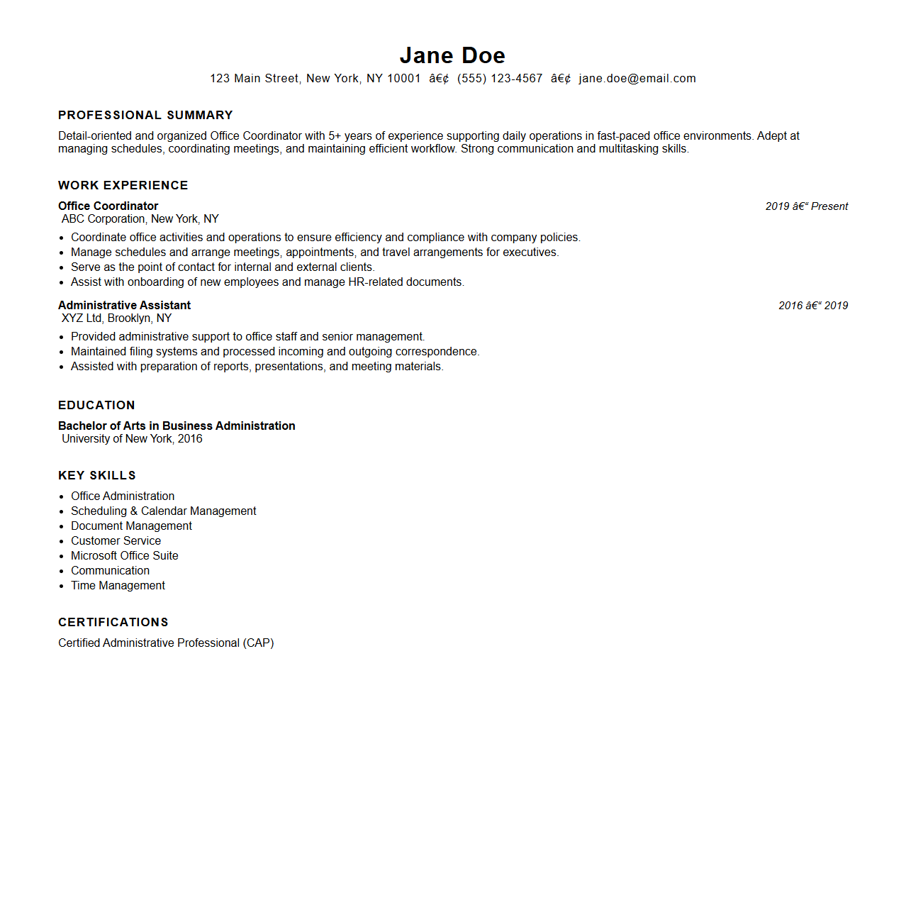 Classic Office Coordinator Resume Template