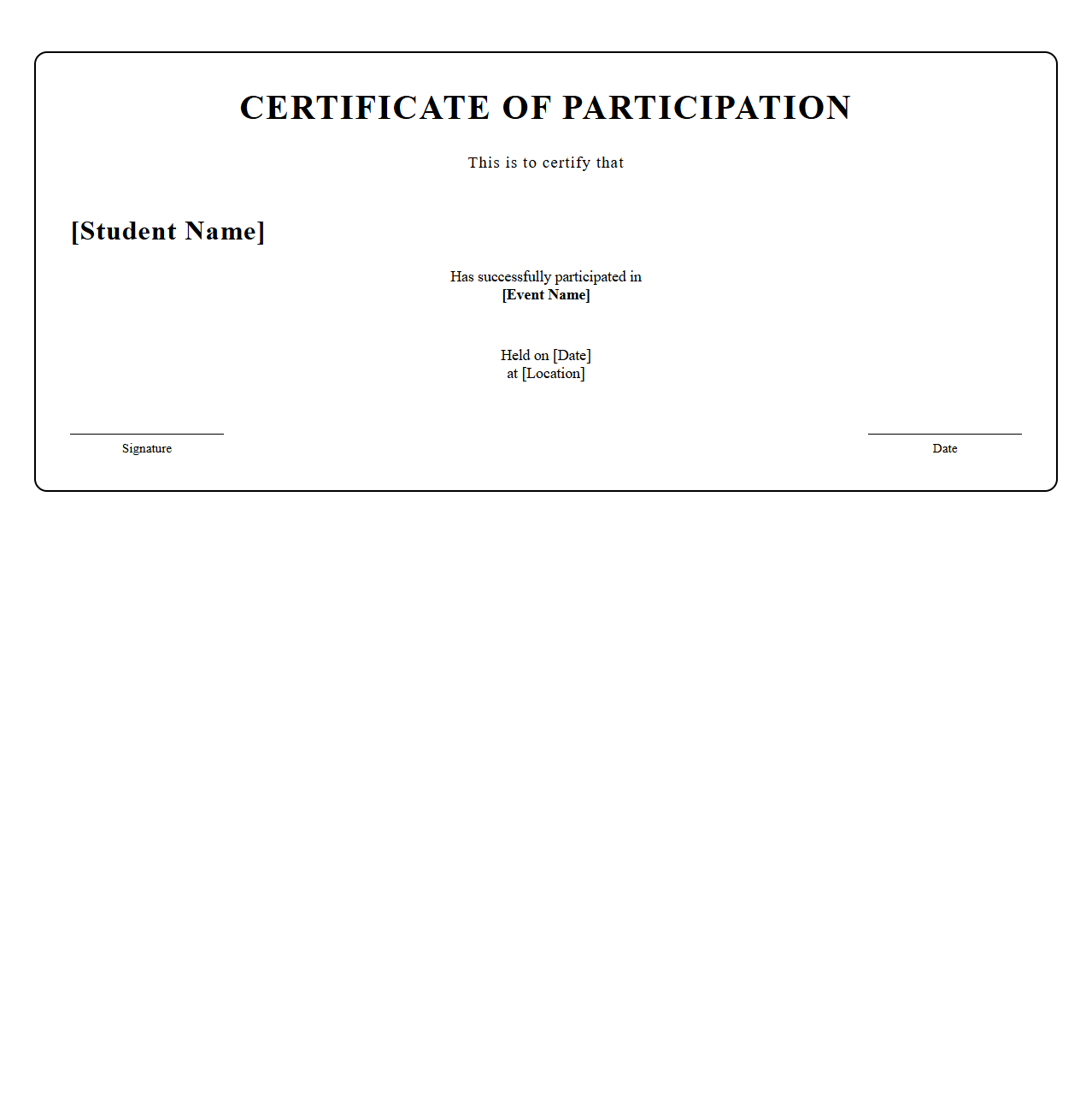 Classic Student Participation Certificate Template