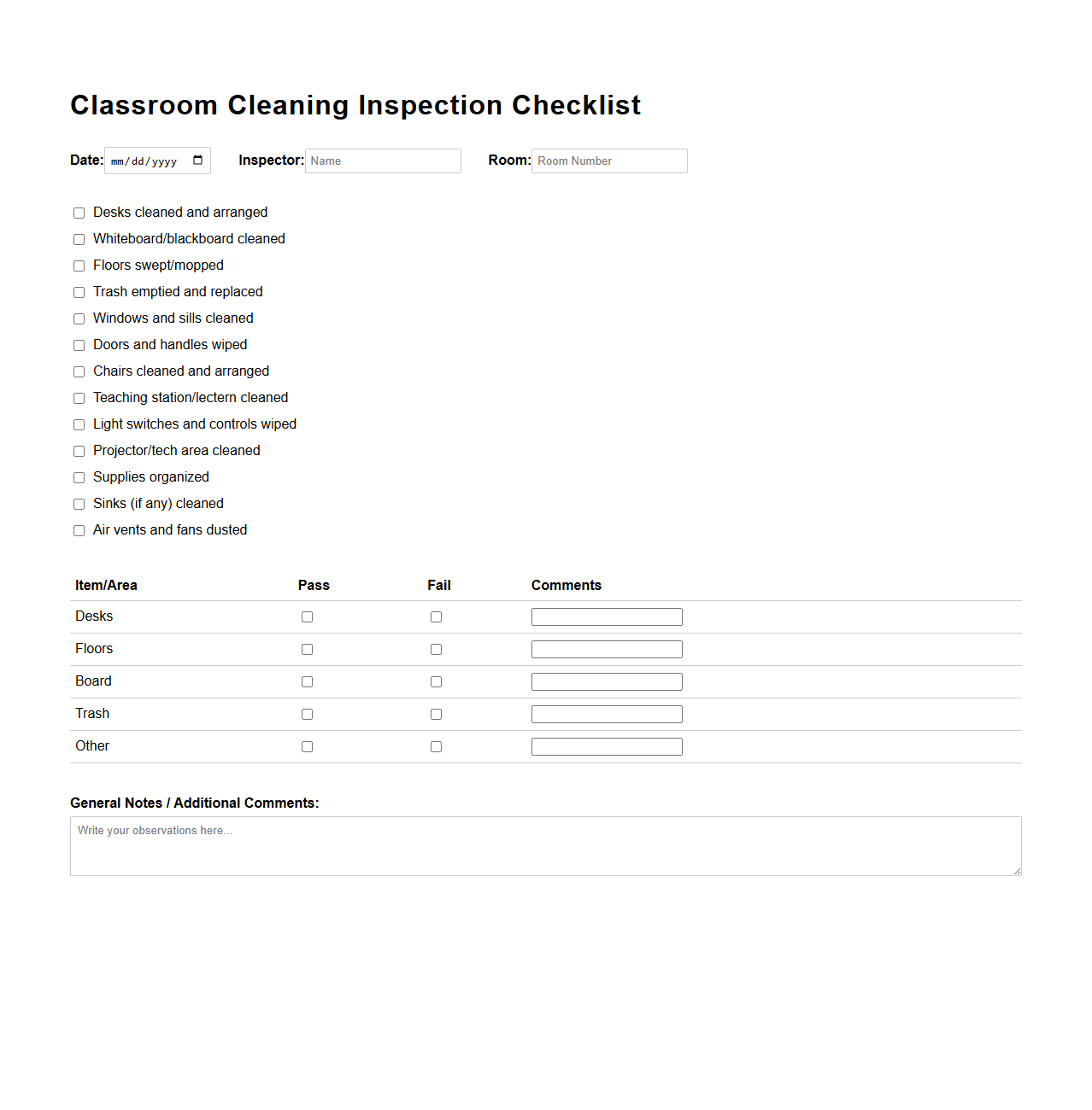 Classroom Cleaning Inspection Checklist