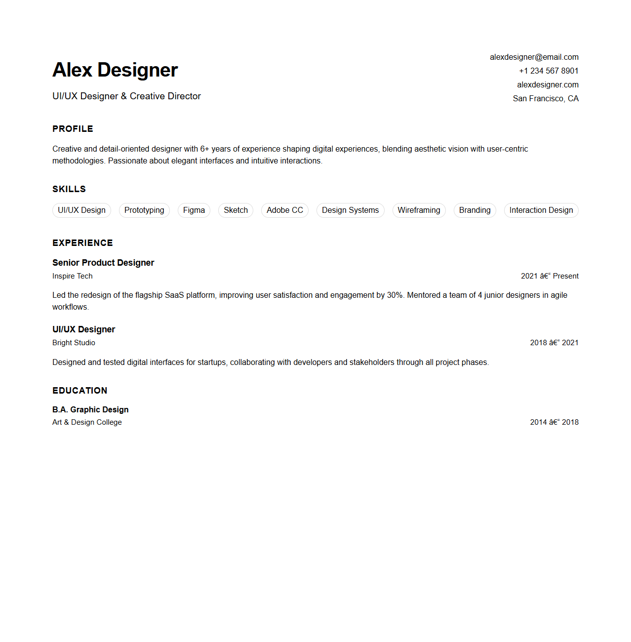 Clean Creative CV Layout for Designers