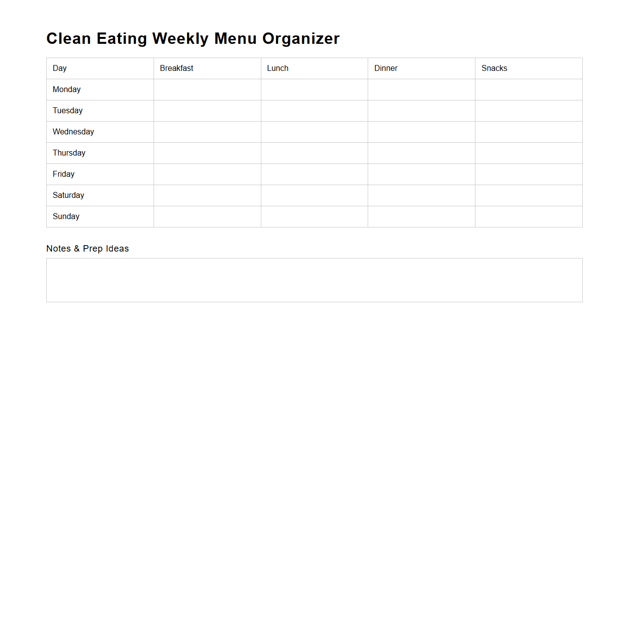 Clean Eating Weekly Menu Organizer