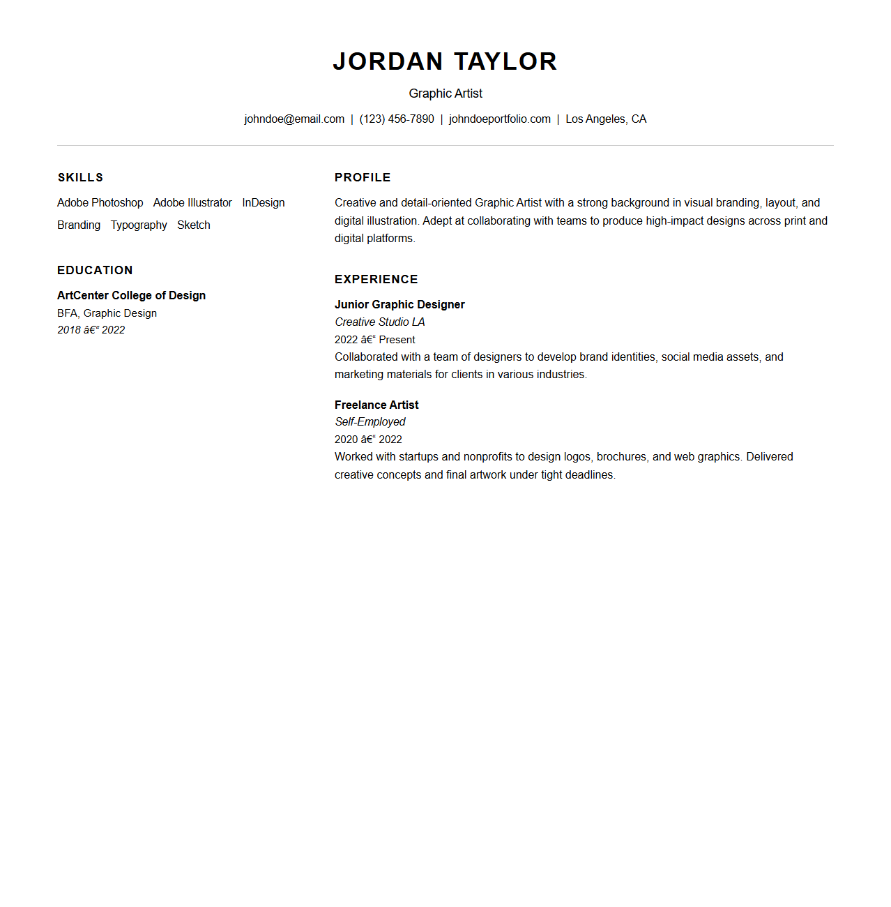 Clean One-Page Resume Format for Graphic Artists