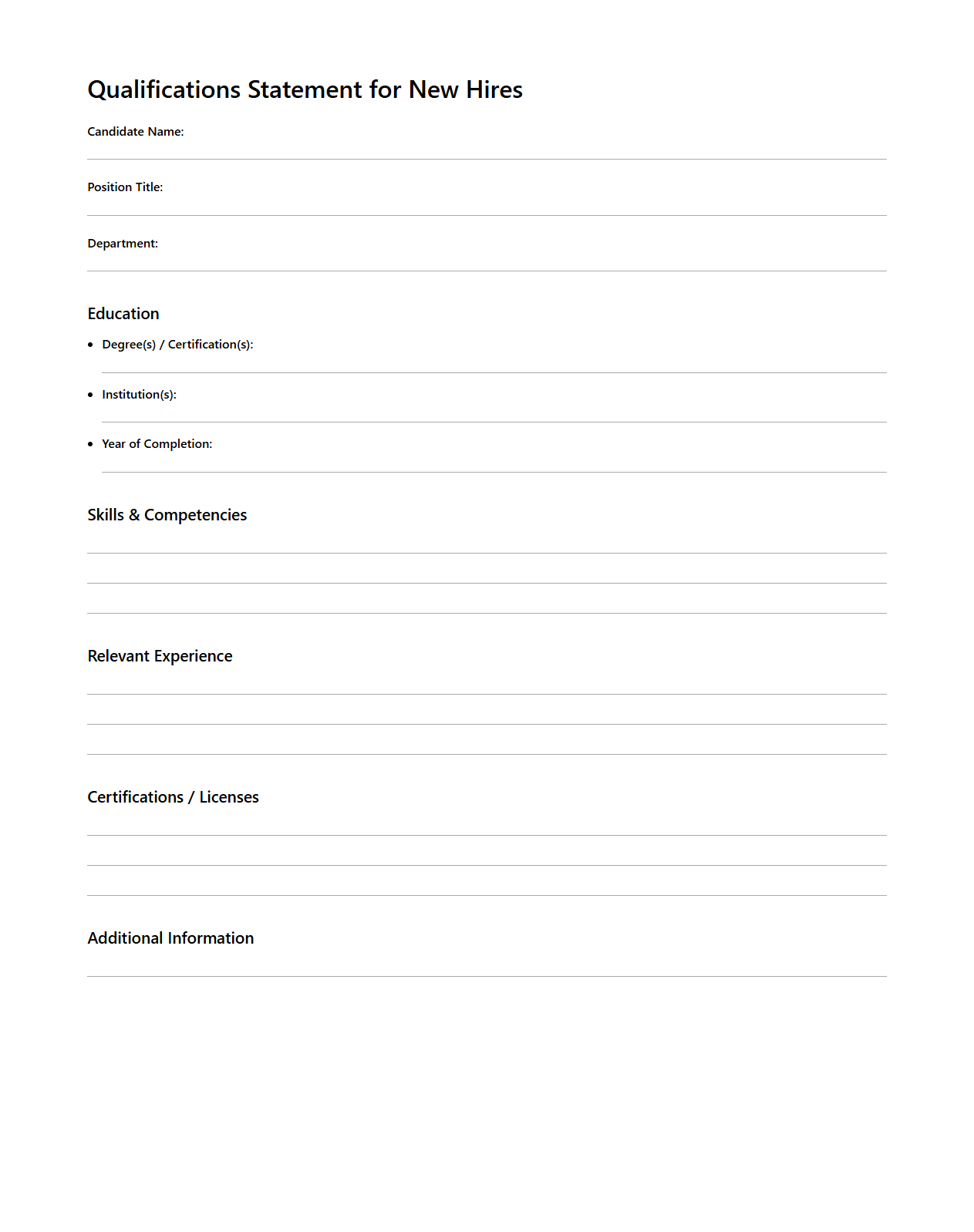 Clean Qualifications Statement Document for New Hires