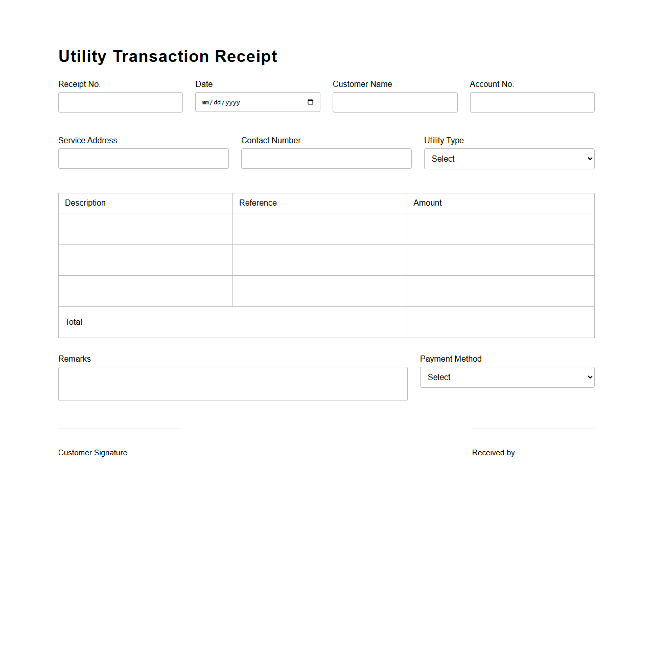 Clean Utility Transaction Receipt Form