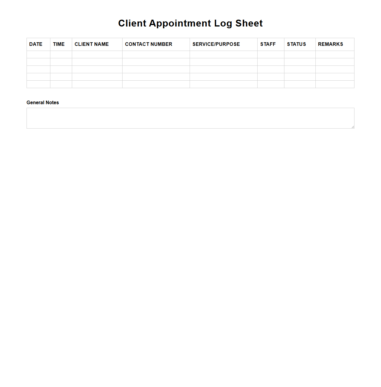 Client Appointment Log Sheet Template