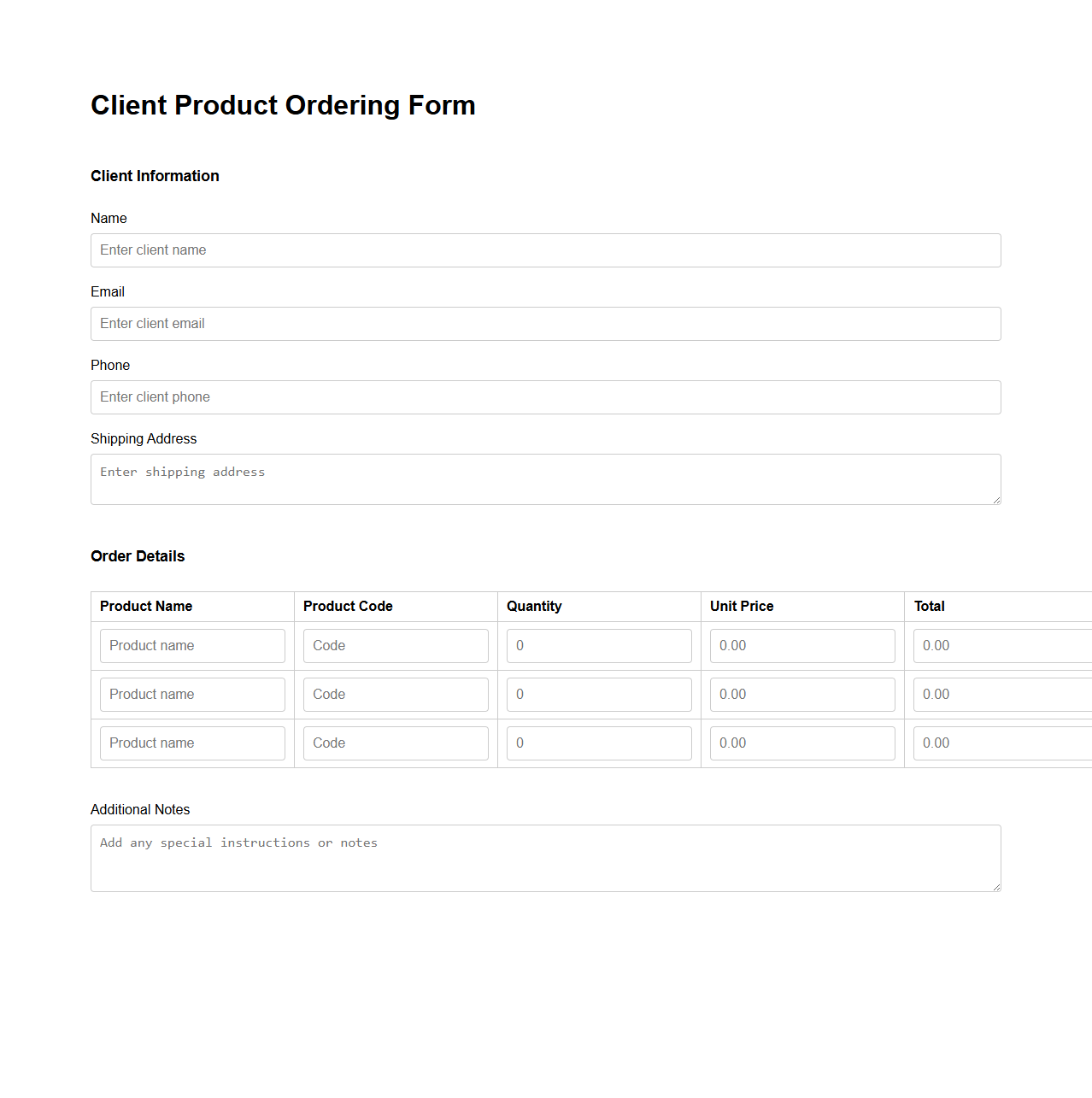 Client Product Ordering Form Template