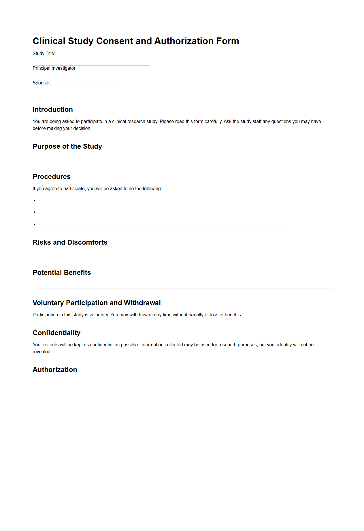 Clinical Study Blank Consent Authorization Template