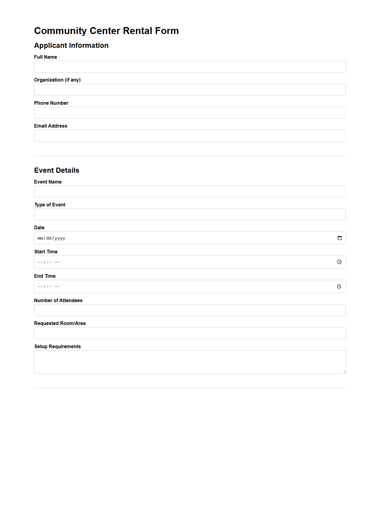 Community Center Rental Form Template