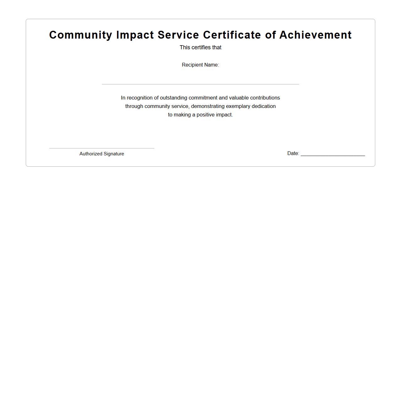 Community Impact Service Certificate of Achievement