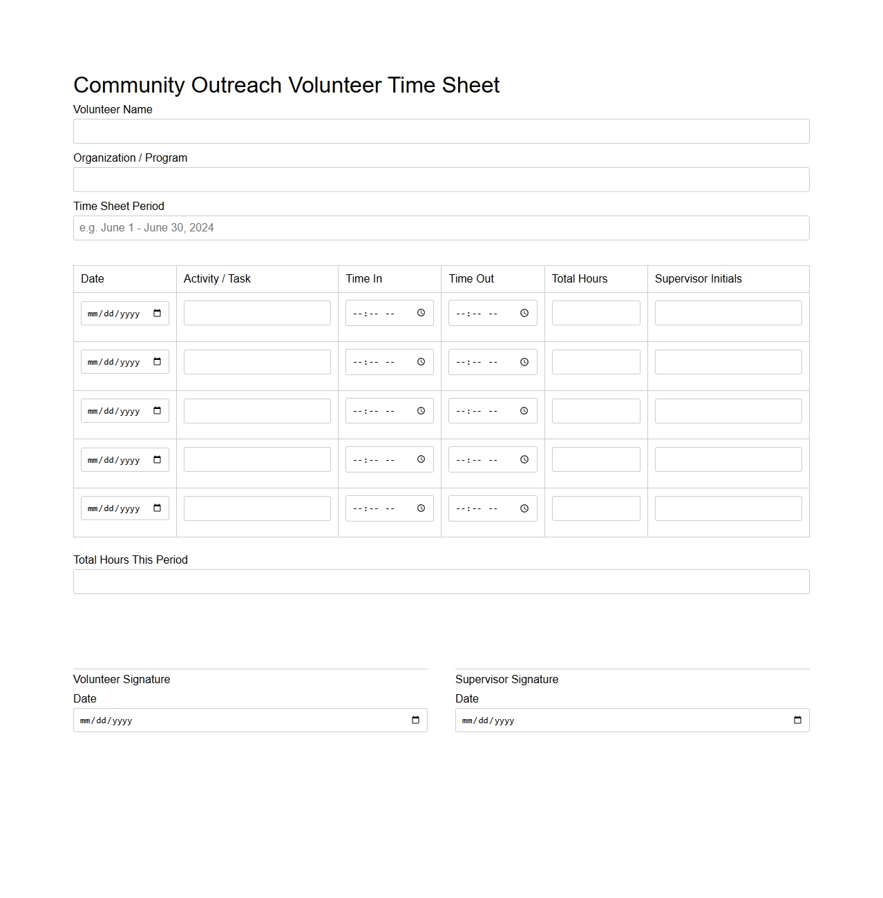 Community Outreach Volunteer Time Sheet