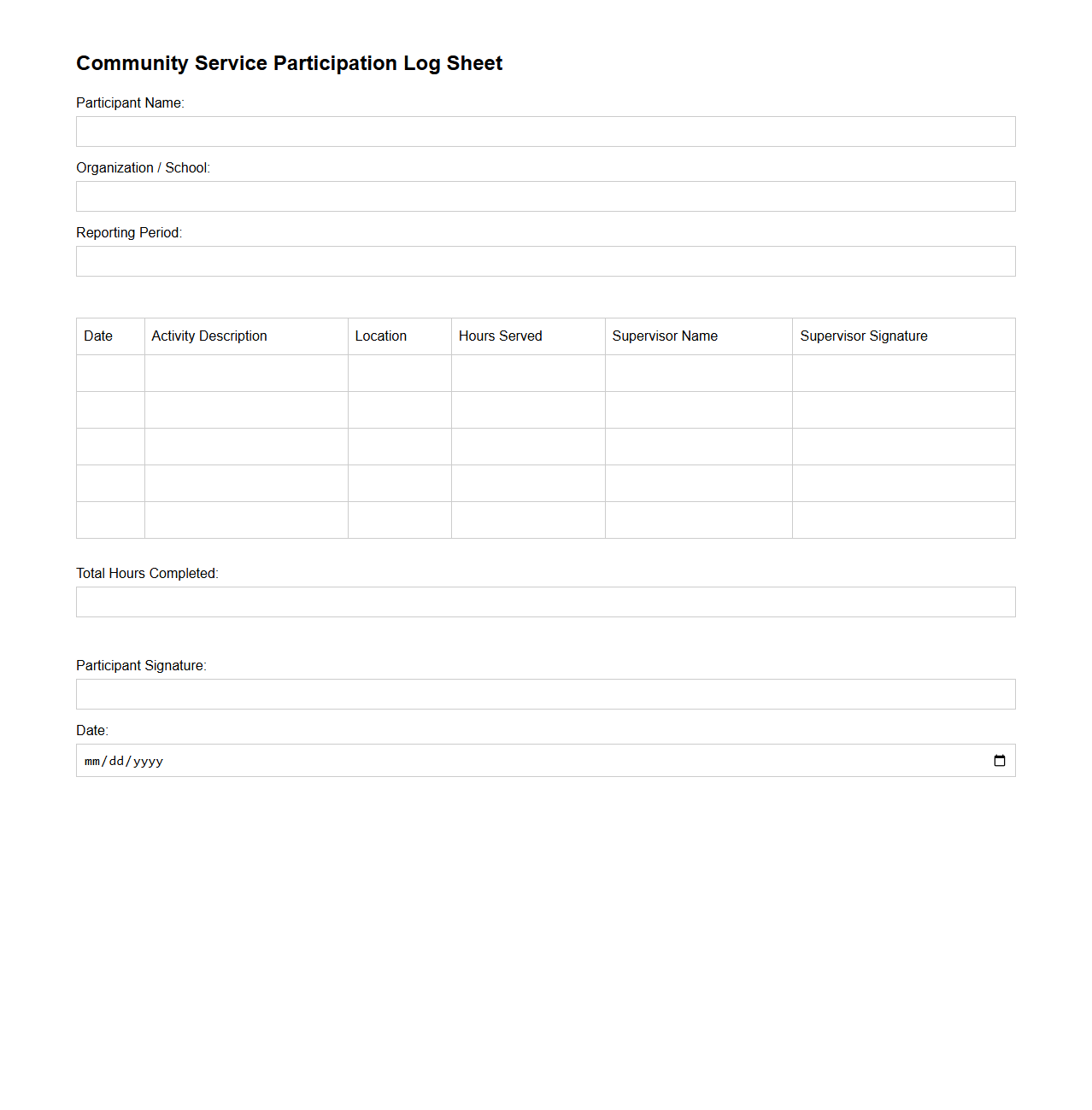 Community Service Participation Log Sheet