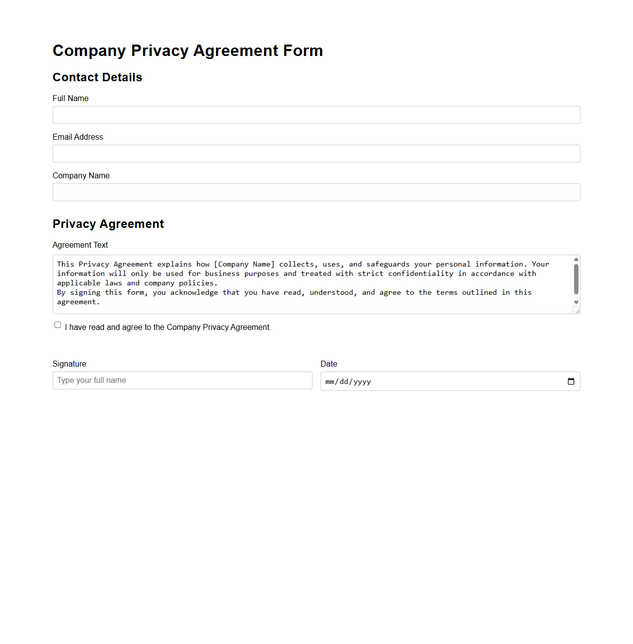 Company Privacy Agreement Form