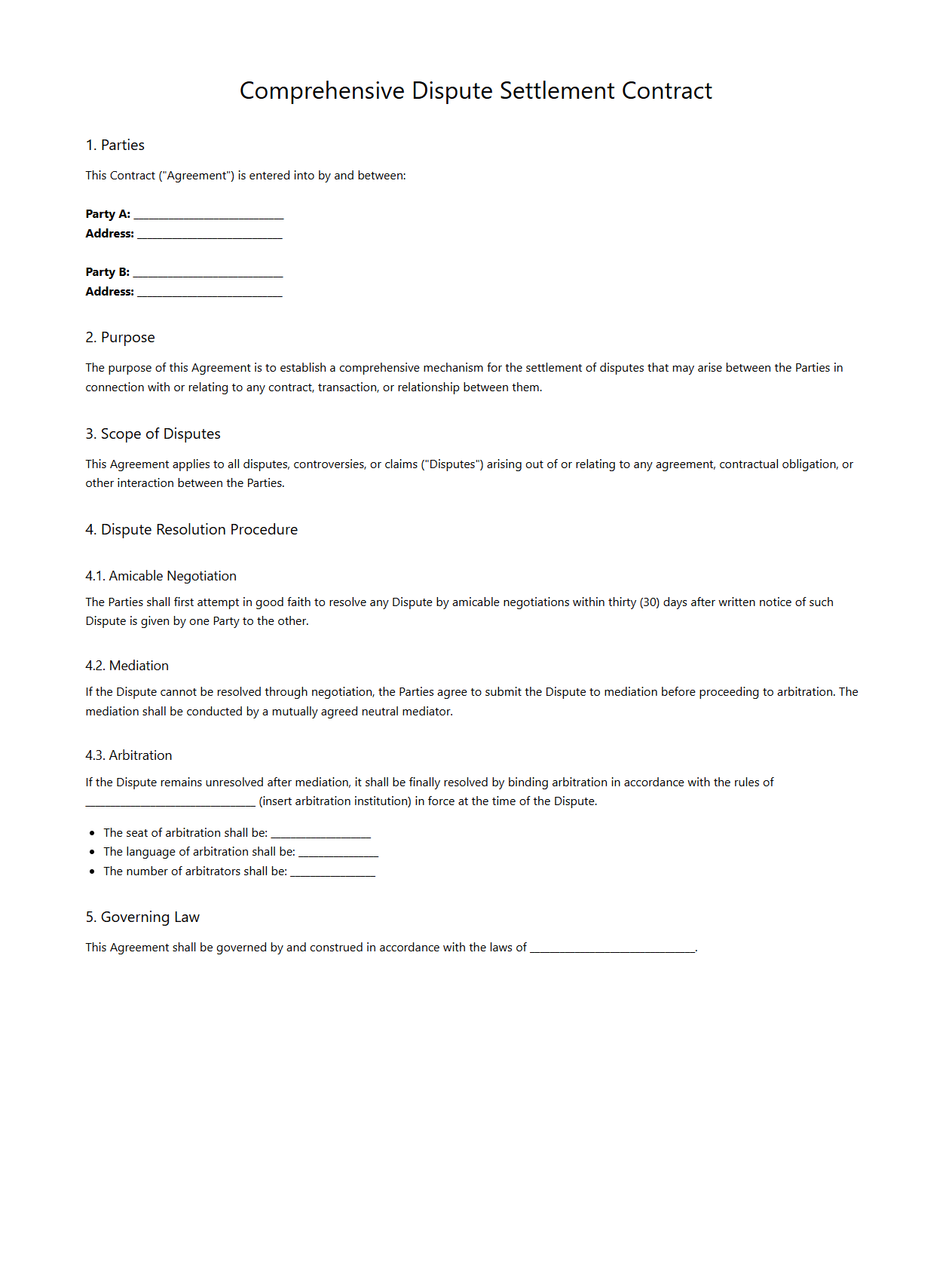 Comprehensive Dispute Settlement Contract Model