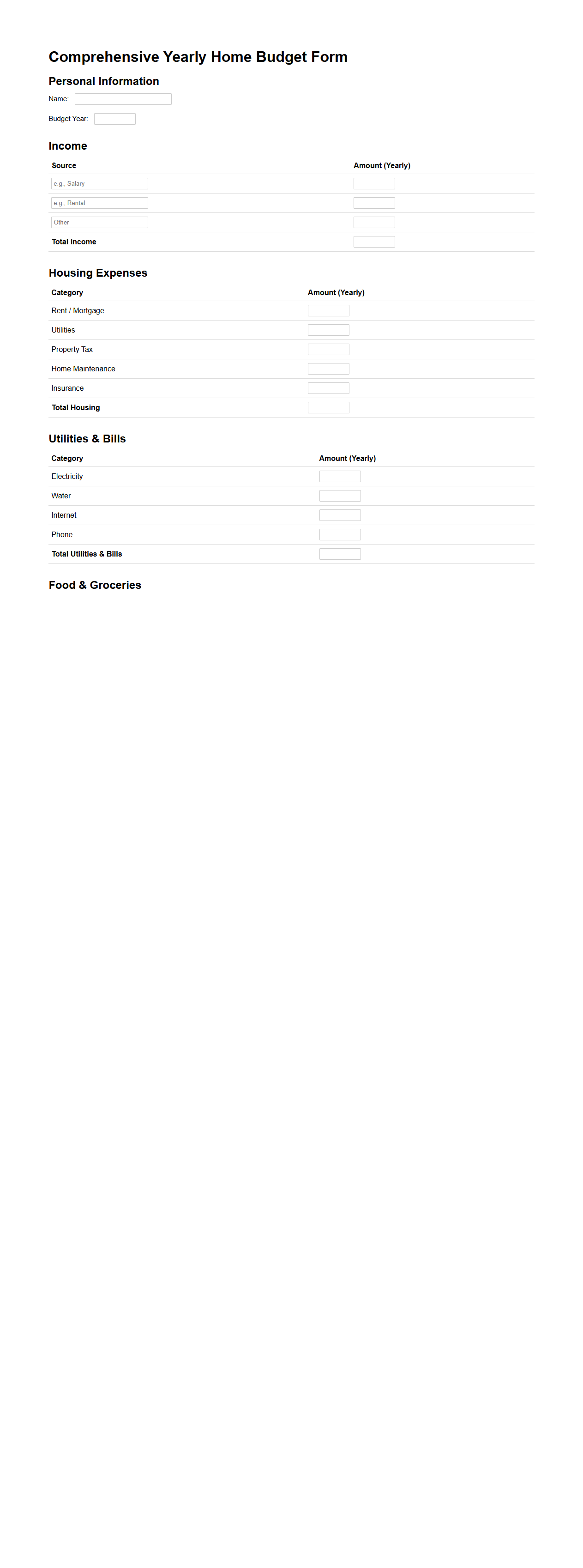 Comprehensive Yearly Home Budget Form
