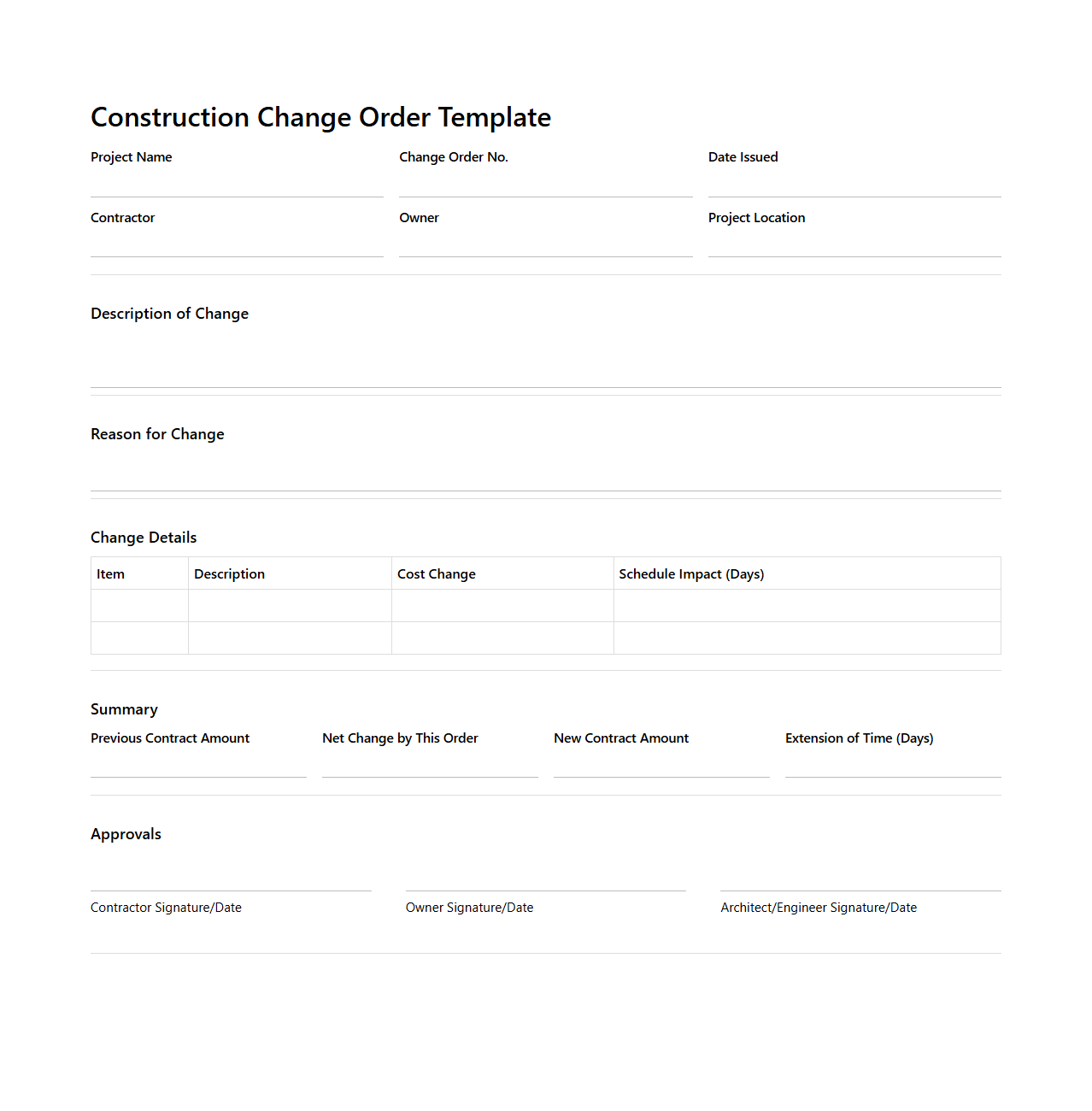 Construction Change Order Template for Project Updates