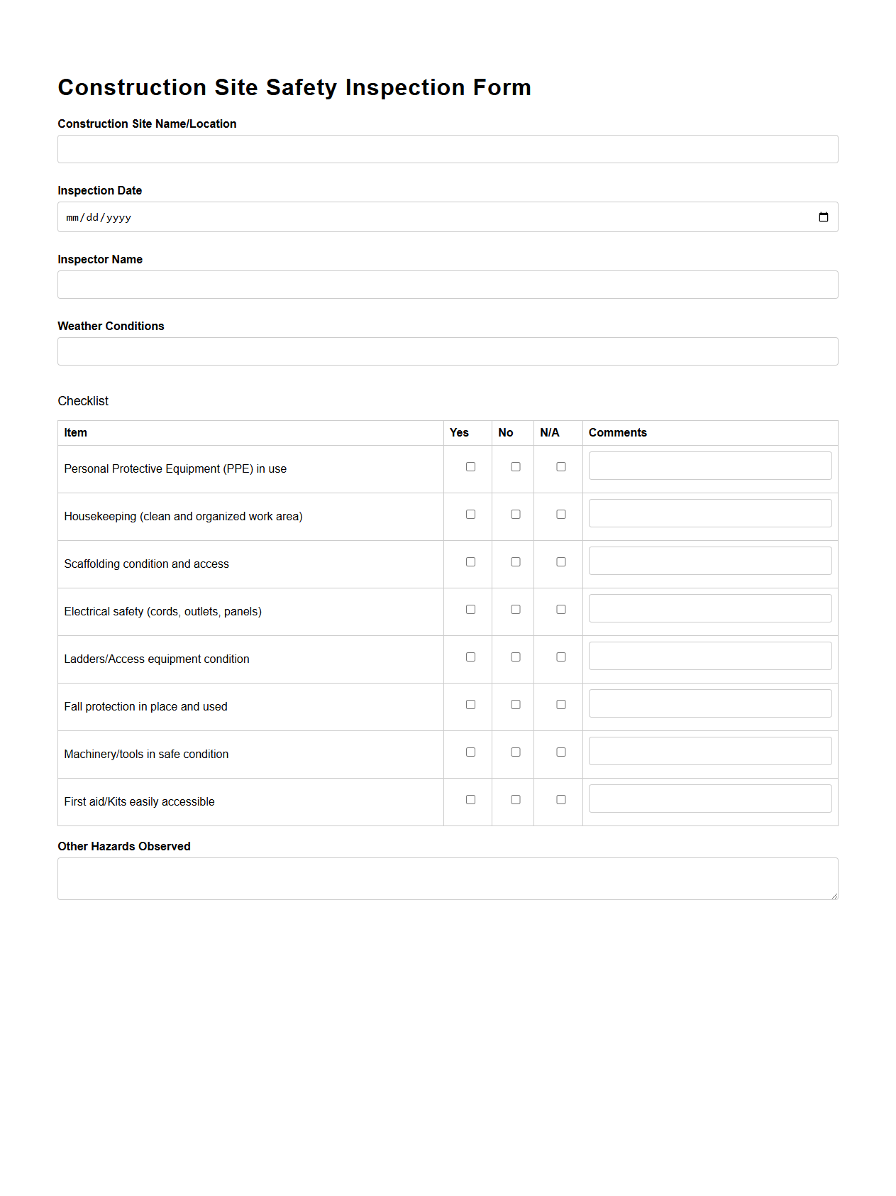 Construction Site Safety Inspection Form