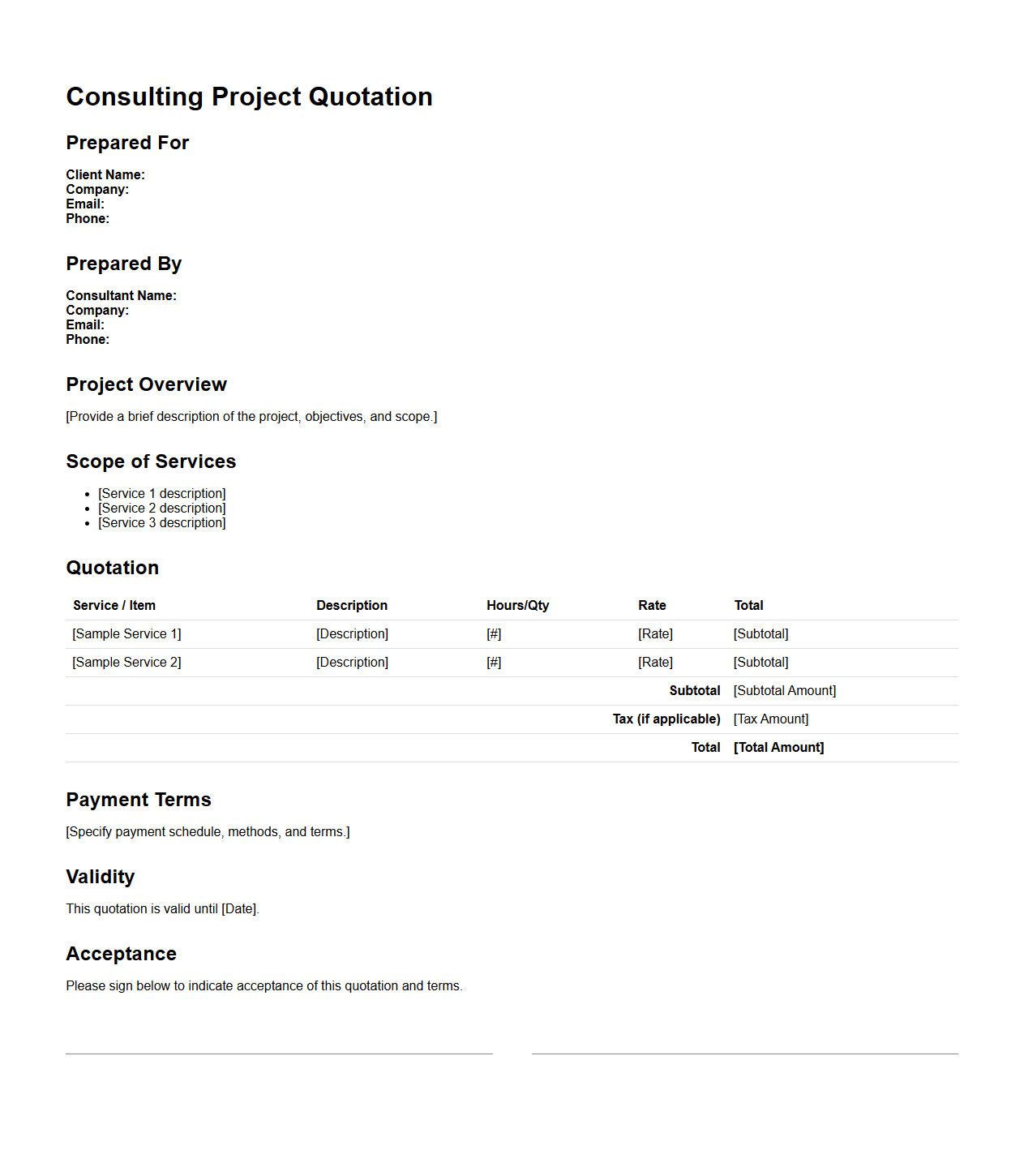 Consulting Project Quotation Template for Service Offers