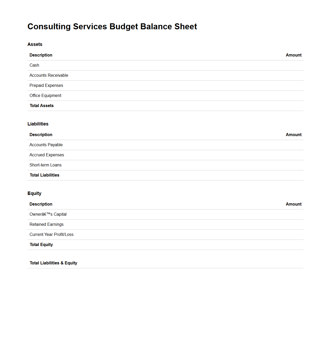 Consulting Services Budget Balance Sheet