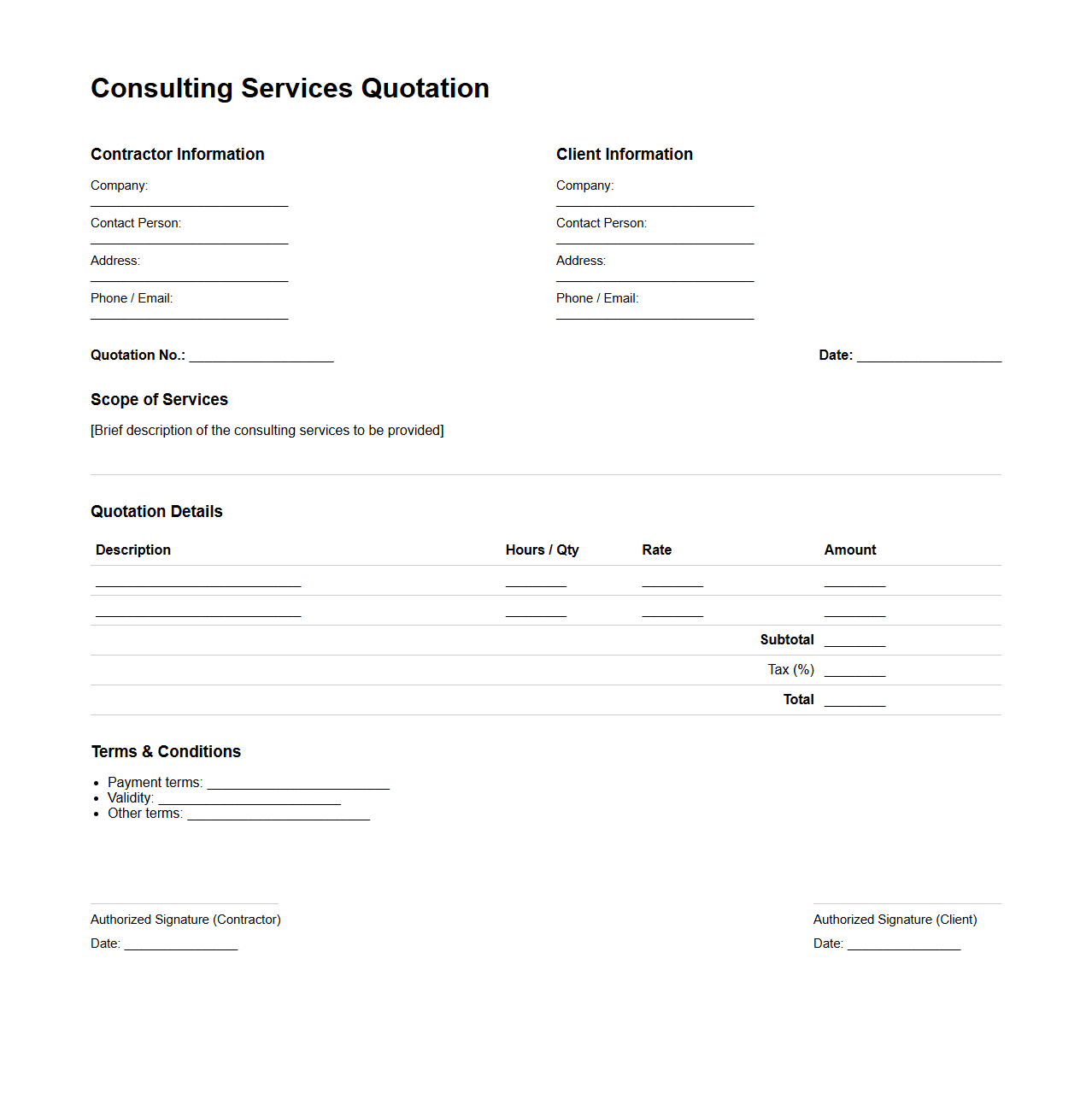 Consulting Services Quotation Template for Contractors