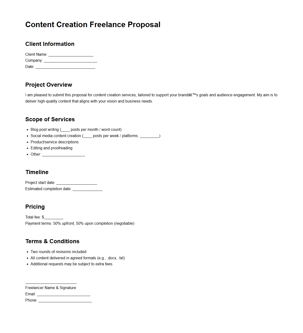 Content Creation Freelance Proposal Sample