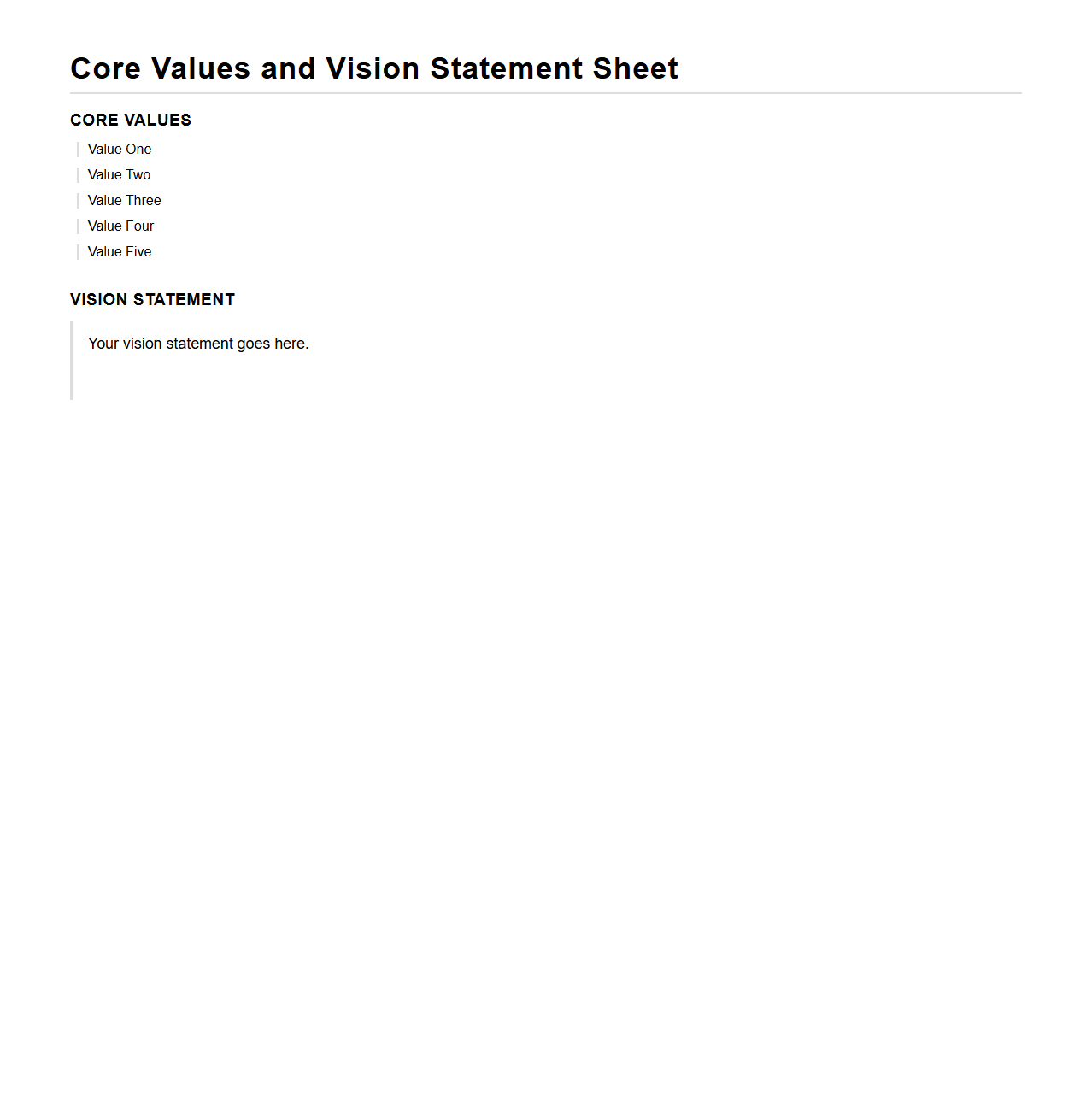 Core Values and Vision Statement Sheet