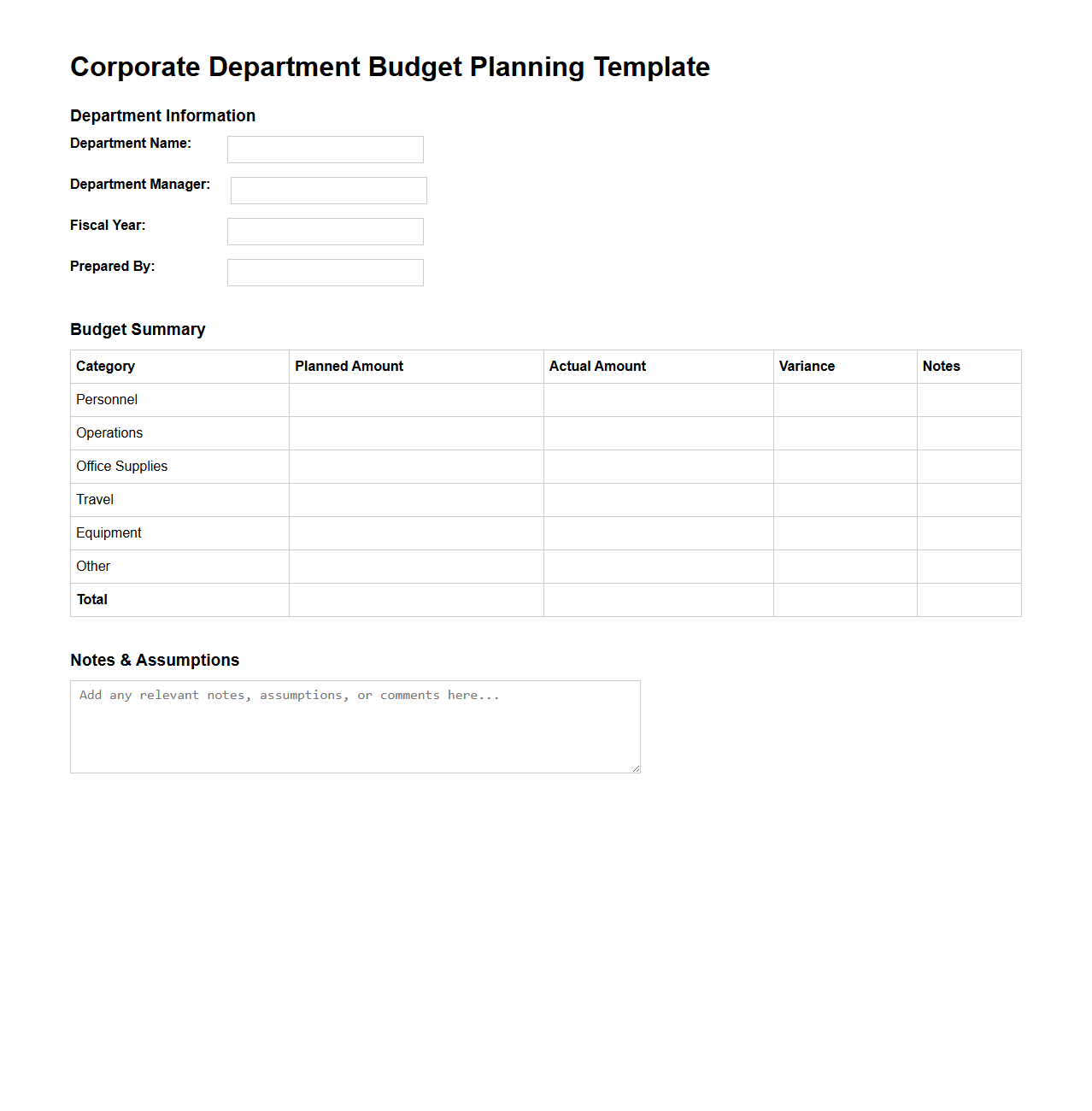 Corporate Department Budget Planning Template