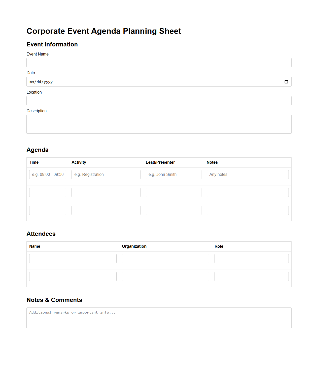 Corporate Event Agenda Planning Sheet