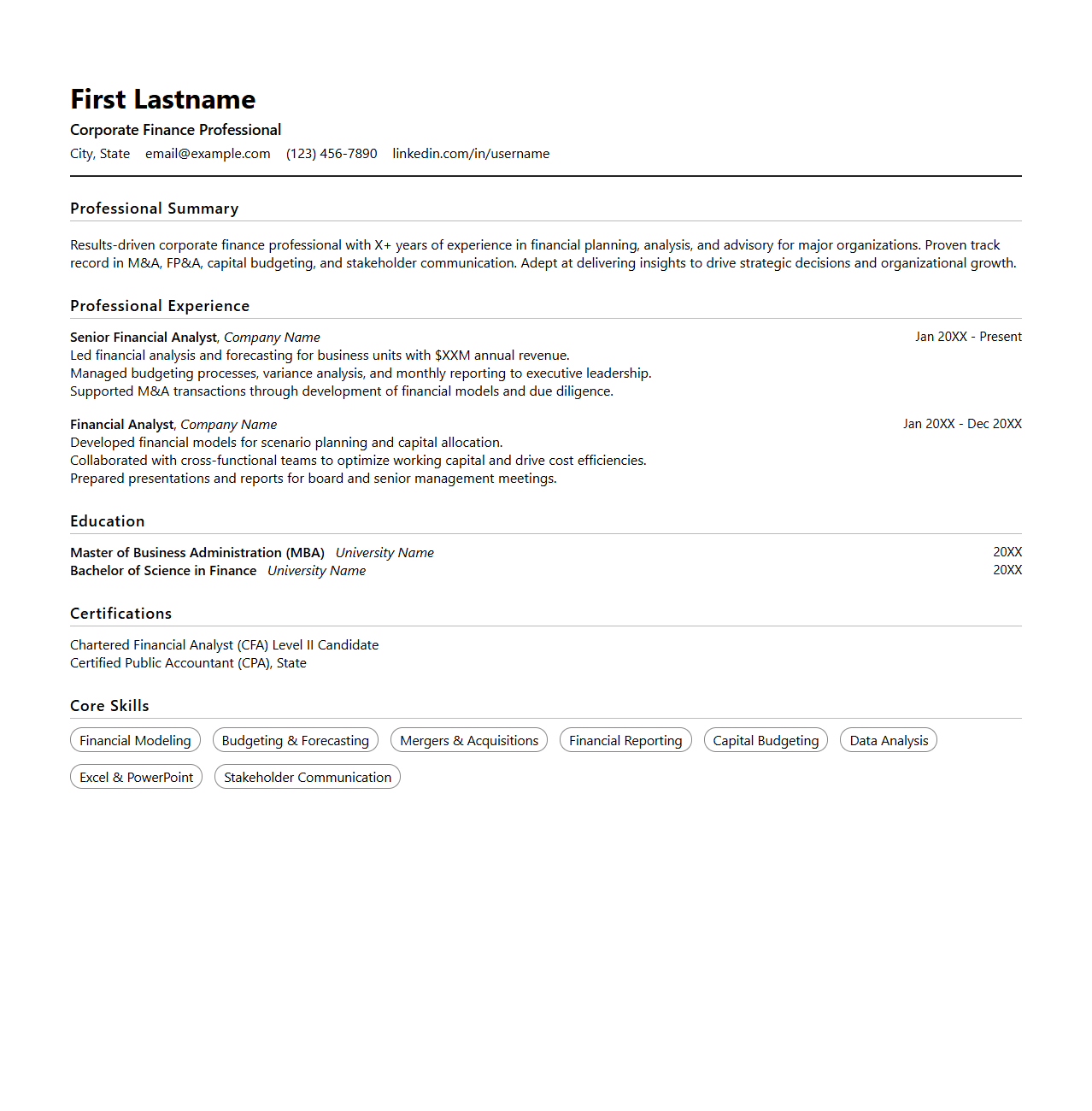 Corporate Finance Resume Template for Business Professionals